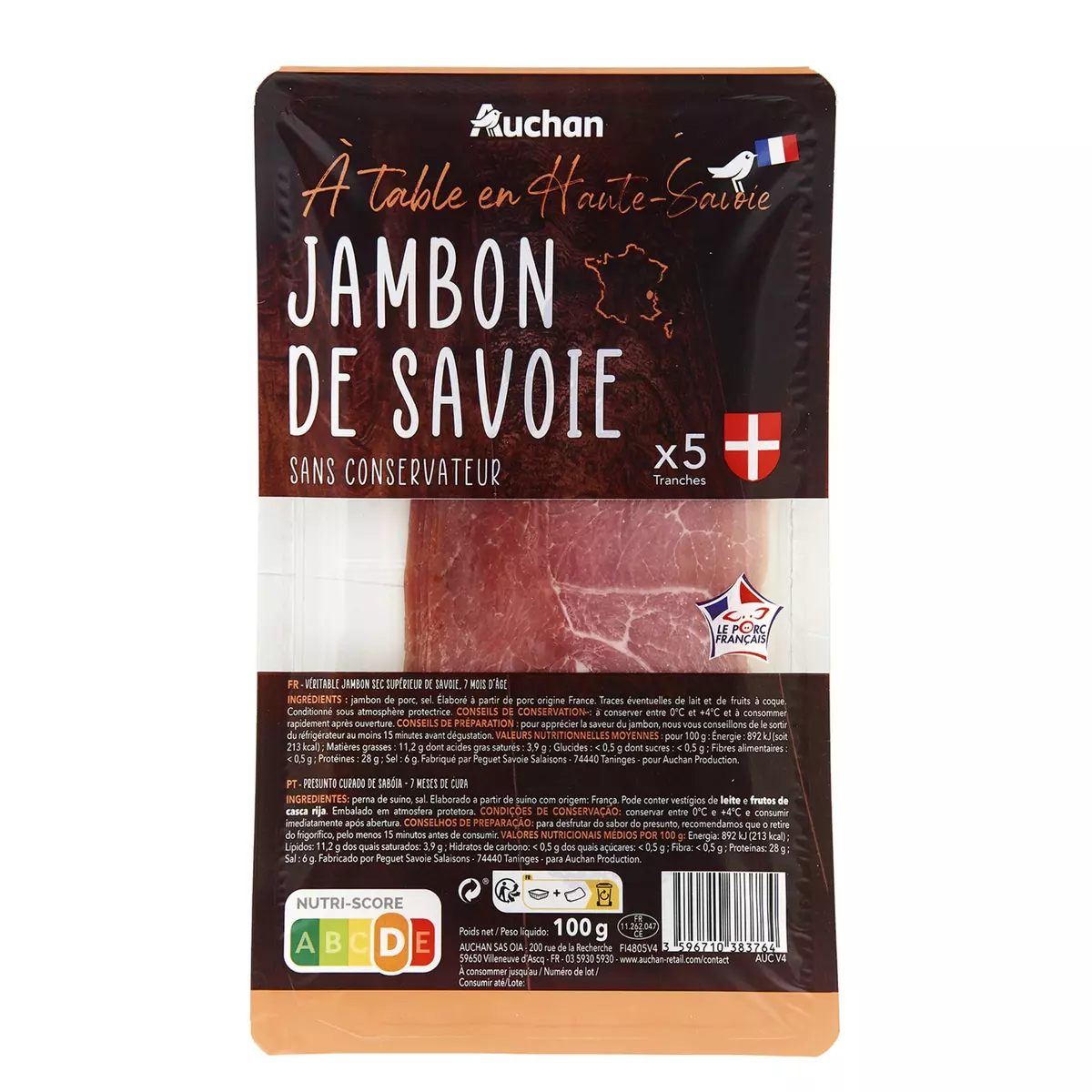 AUCHAN TERROIR Jambon de Savoie 5 tranches 100g