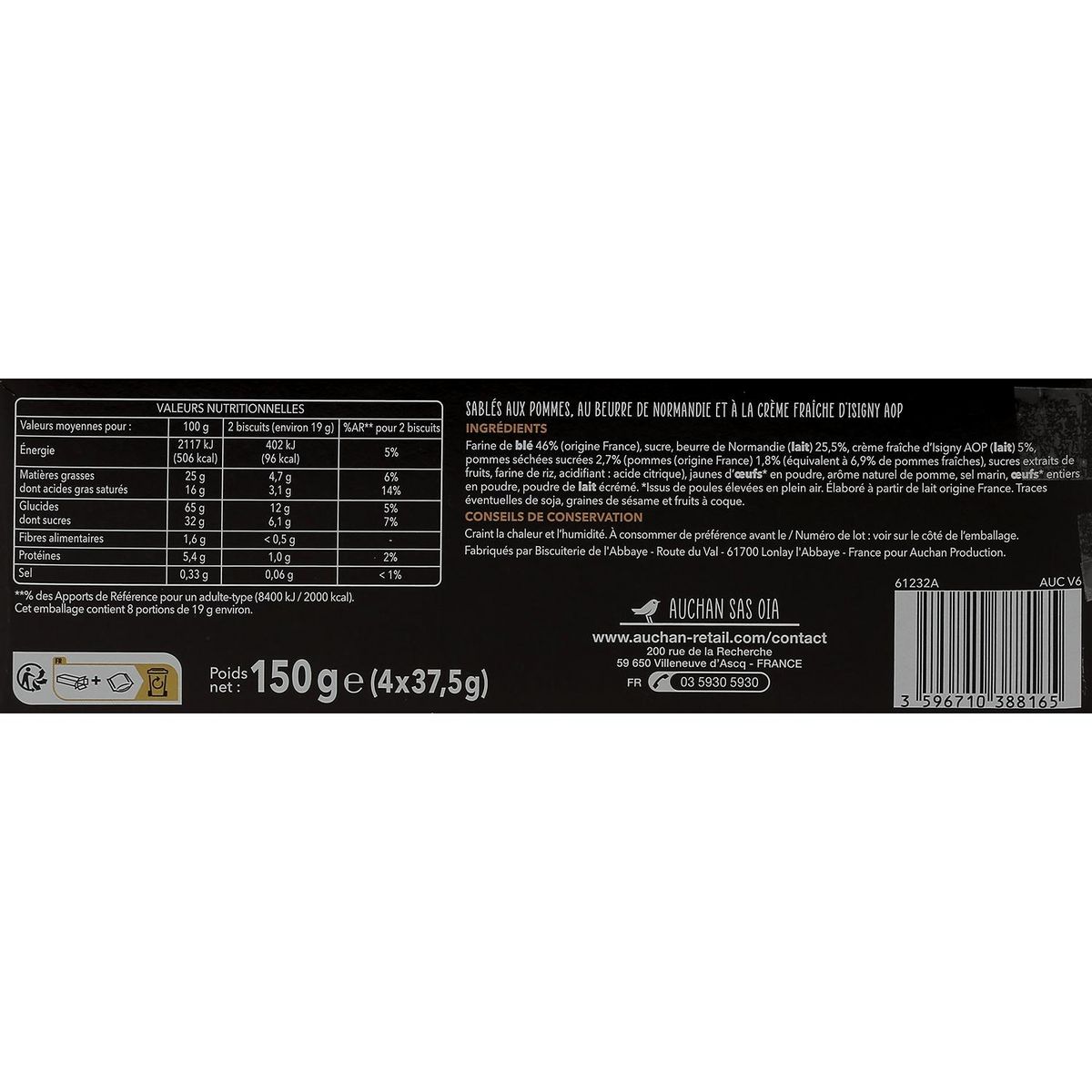 AUCHAN TERROIR Biscuits sablés normands aux pommes et crème d'Isigny, sachets fraîcheur 4x4 biscuits 150g