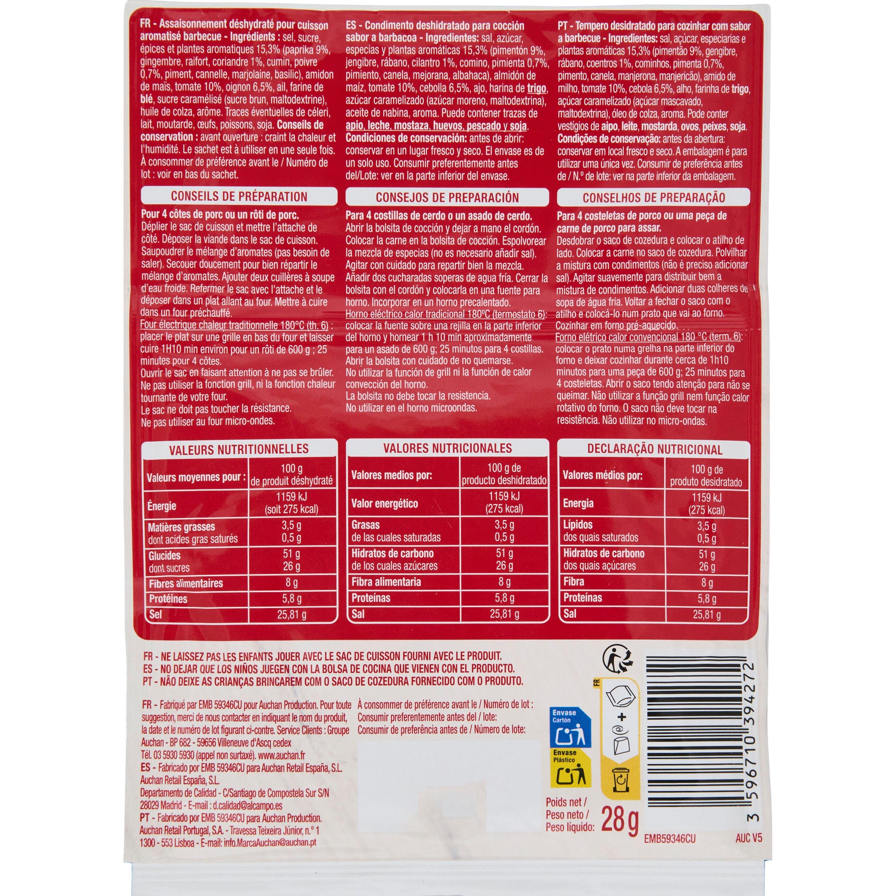 Voir la diapositive 2 : AUCHAN Sachet cuisson et mélanges d'épices goût barbecue 28g