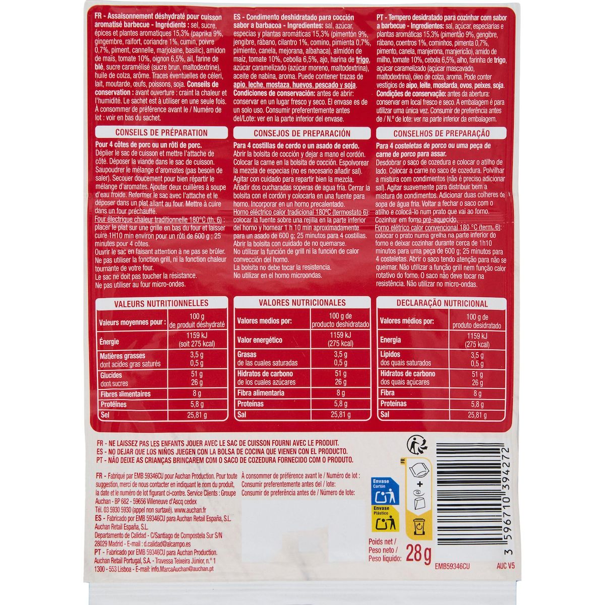 AUCHAN Sachet cuisson et mélanges d'épices goût barbecue 28g