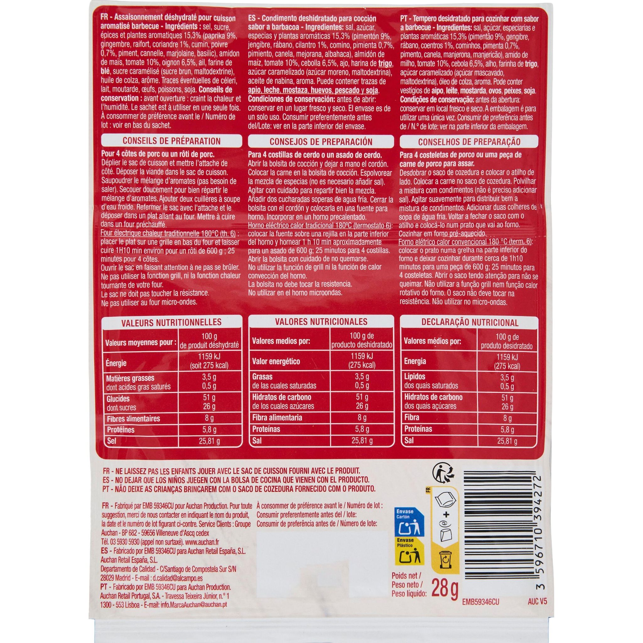 Voir la diapositive 2 : AUCHAN Sachet cuisson et mélanges d'épices goût barbecue 28g