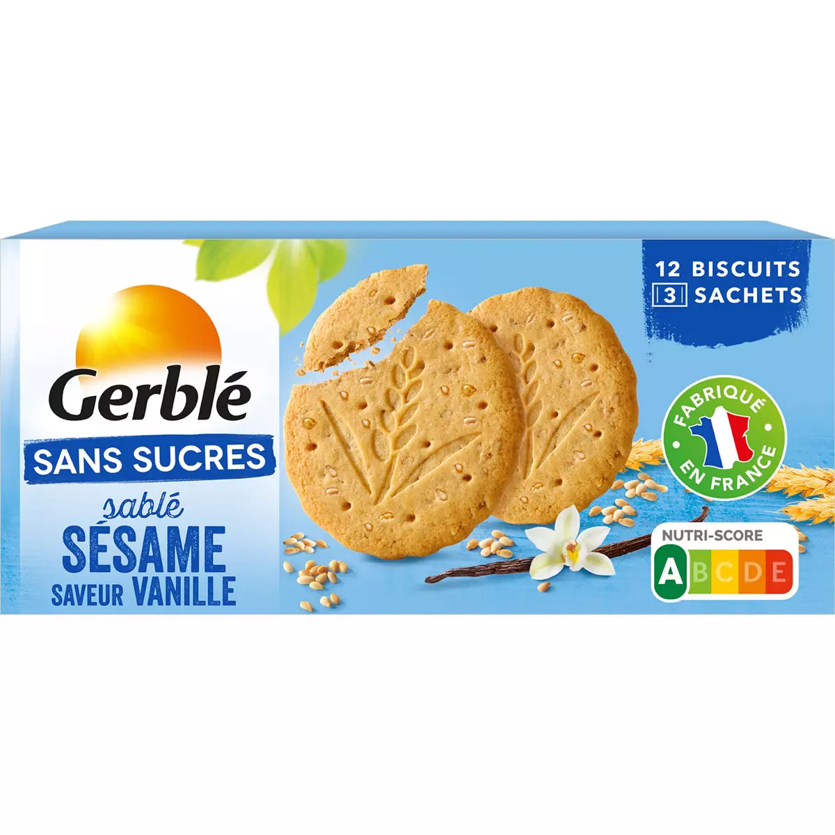 GERBLE Biscuits sésame saveur vanille sans sucres ajoutés sachets fraîcheur 3x4 biscuits 132g