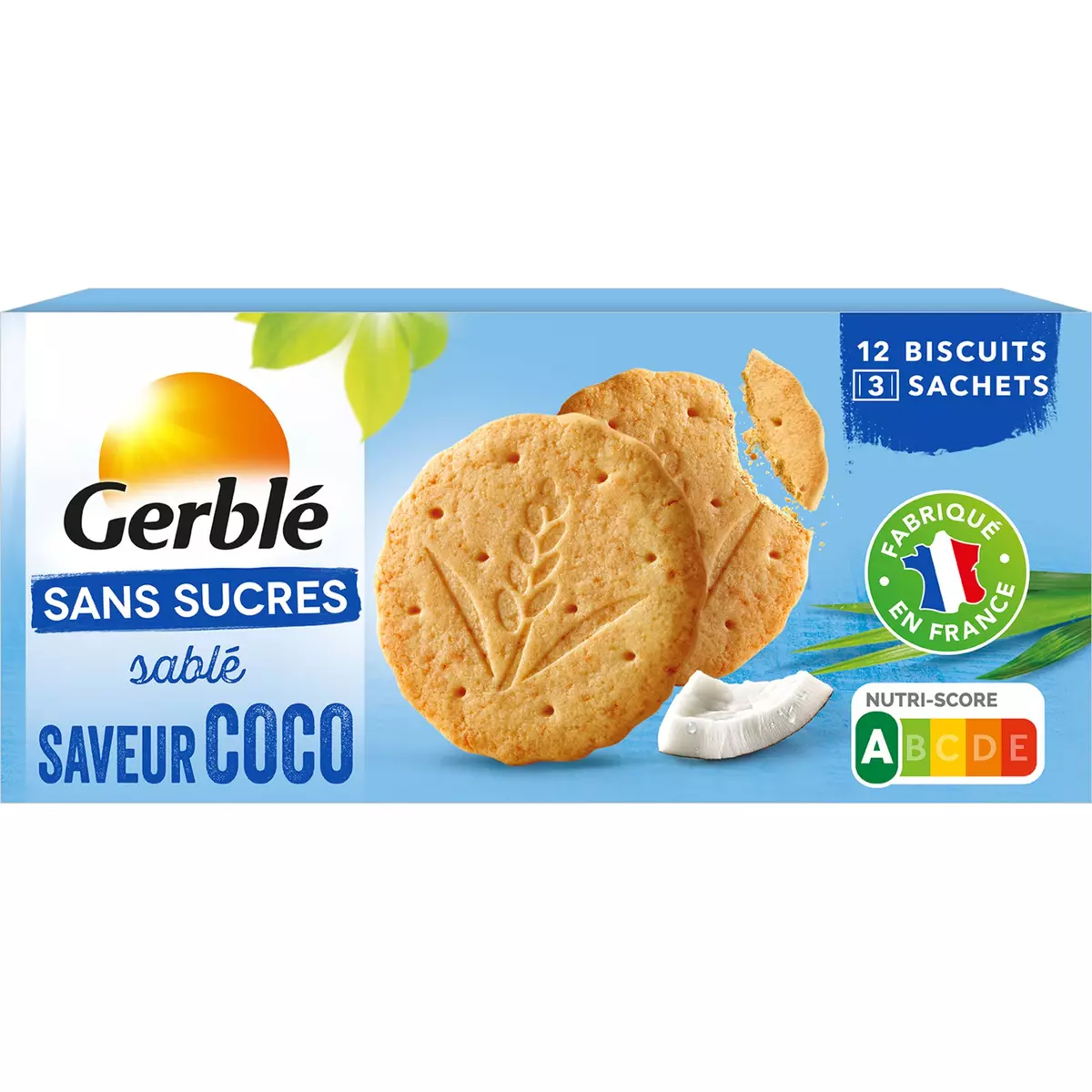 GERBLE Biscuits saveur coco sans sucres ajoutés sachets fraîcheur 3x4 biscuits 132g