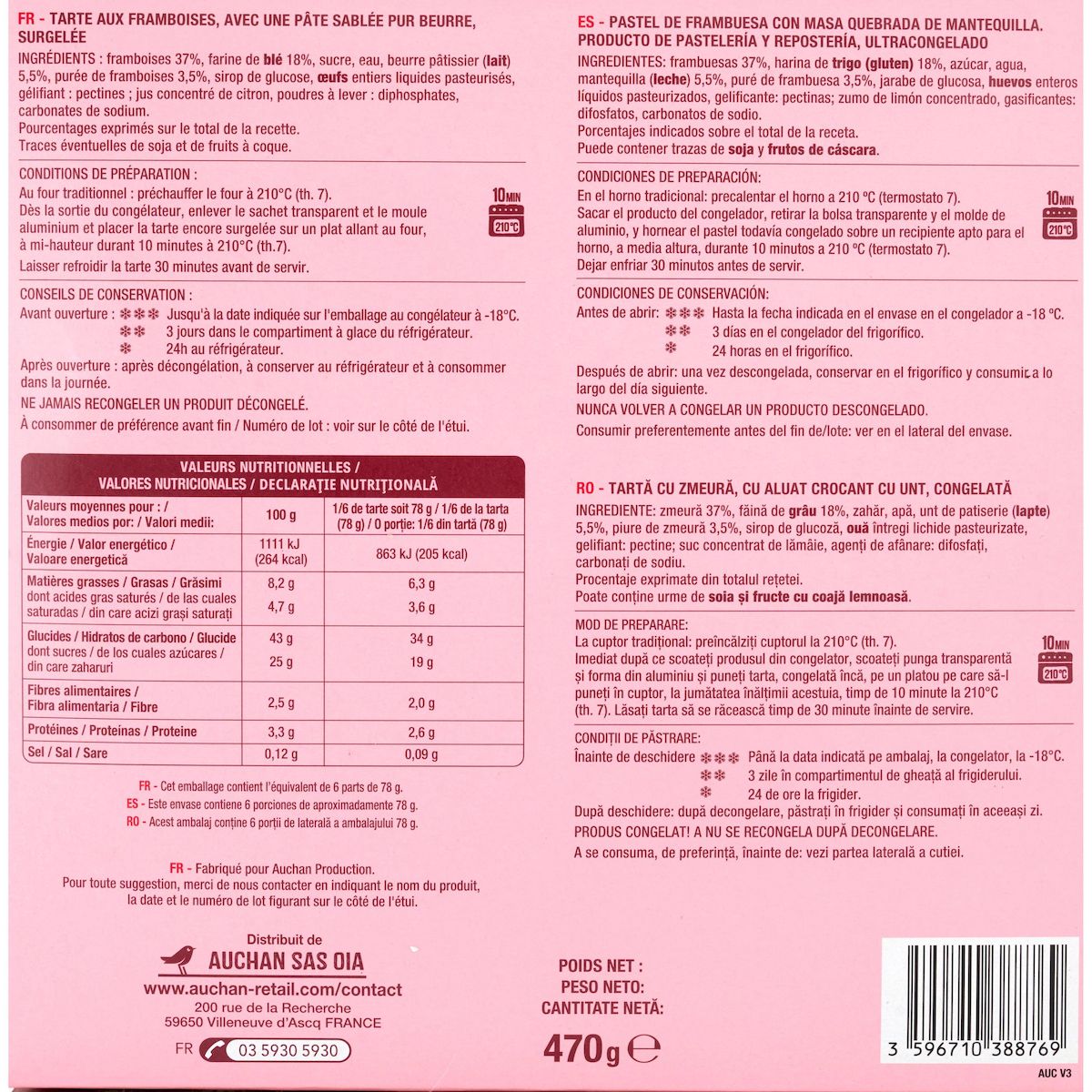 AUCHAN Tarte aux framboises 6 portions 470g