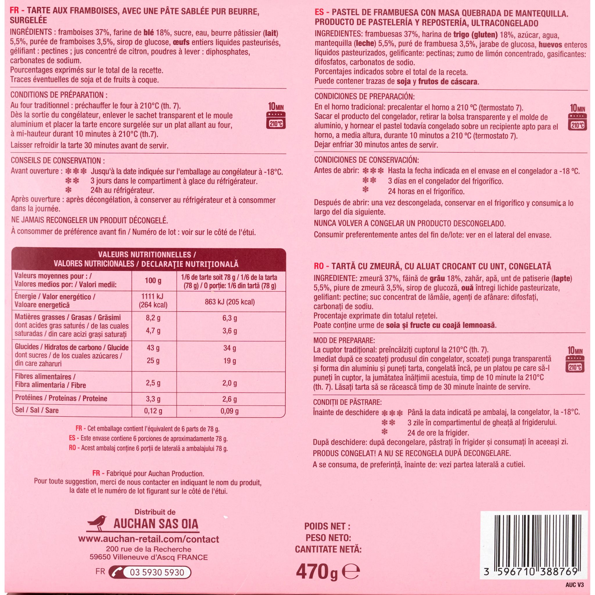 Voir la diapositive 3 : AUCHAN Tarte aux framboises 6 portions 470g