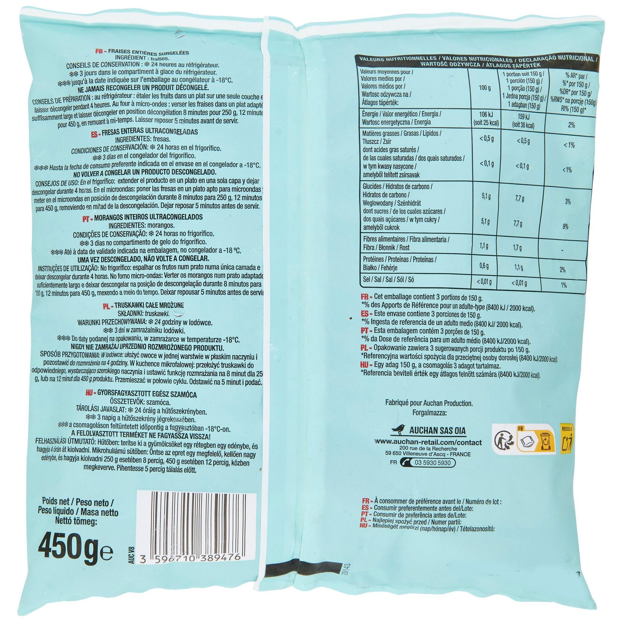 Voir la diapositive 3 : AUCHAN Fraises fruits entiers 450g