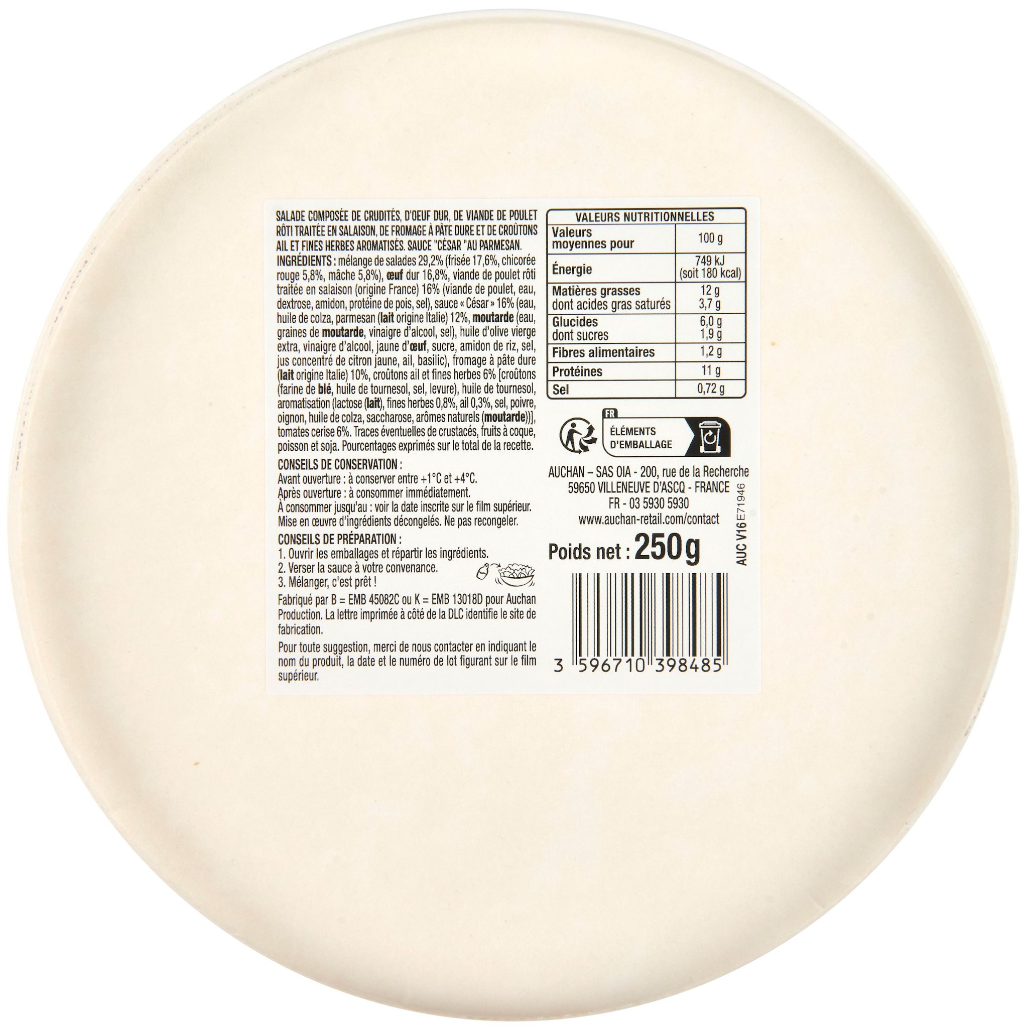 Voir la diapositive 2 : AUCHAN Salade césar sans couverts 250g