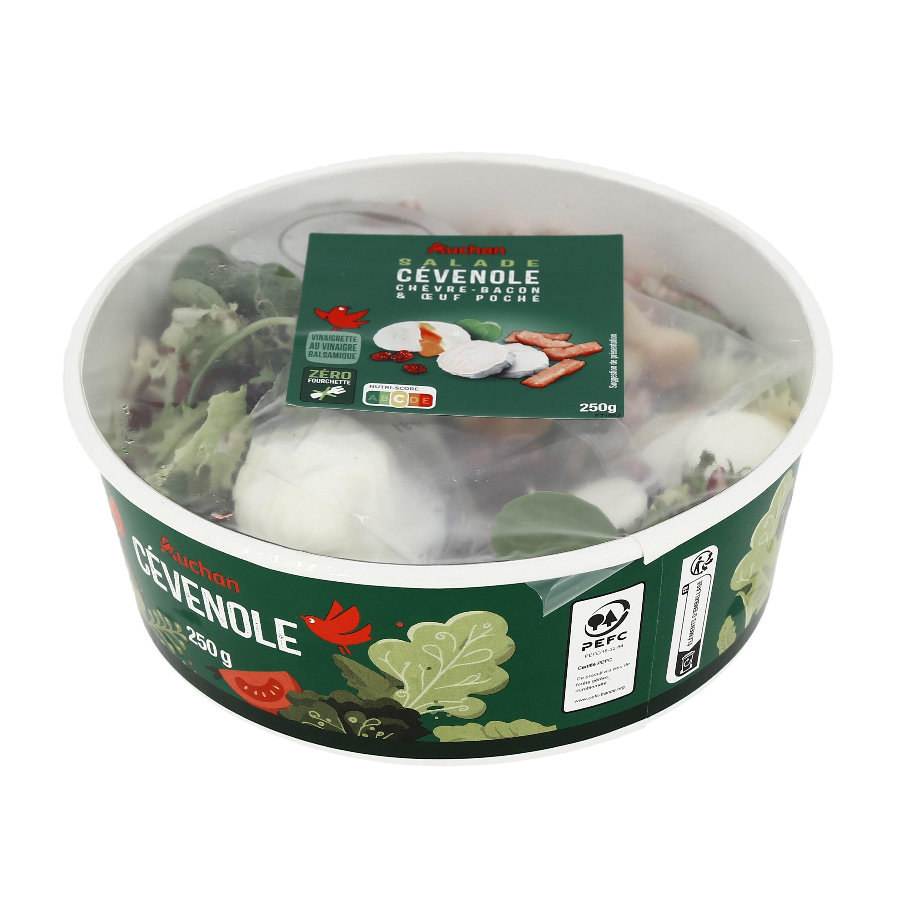 Voir la diapositive 2 : AUCHAN Salade Cévenole chèvre lardons et œuf poché vinaigre balsamique 250g