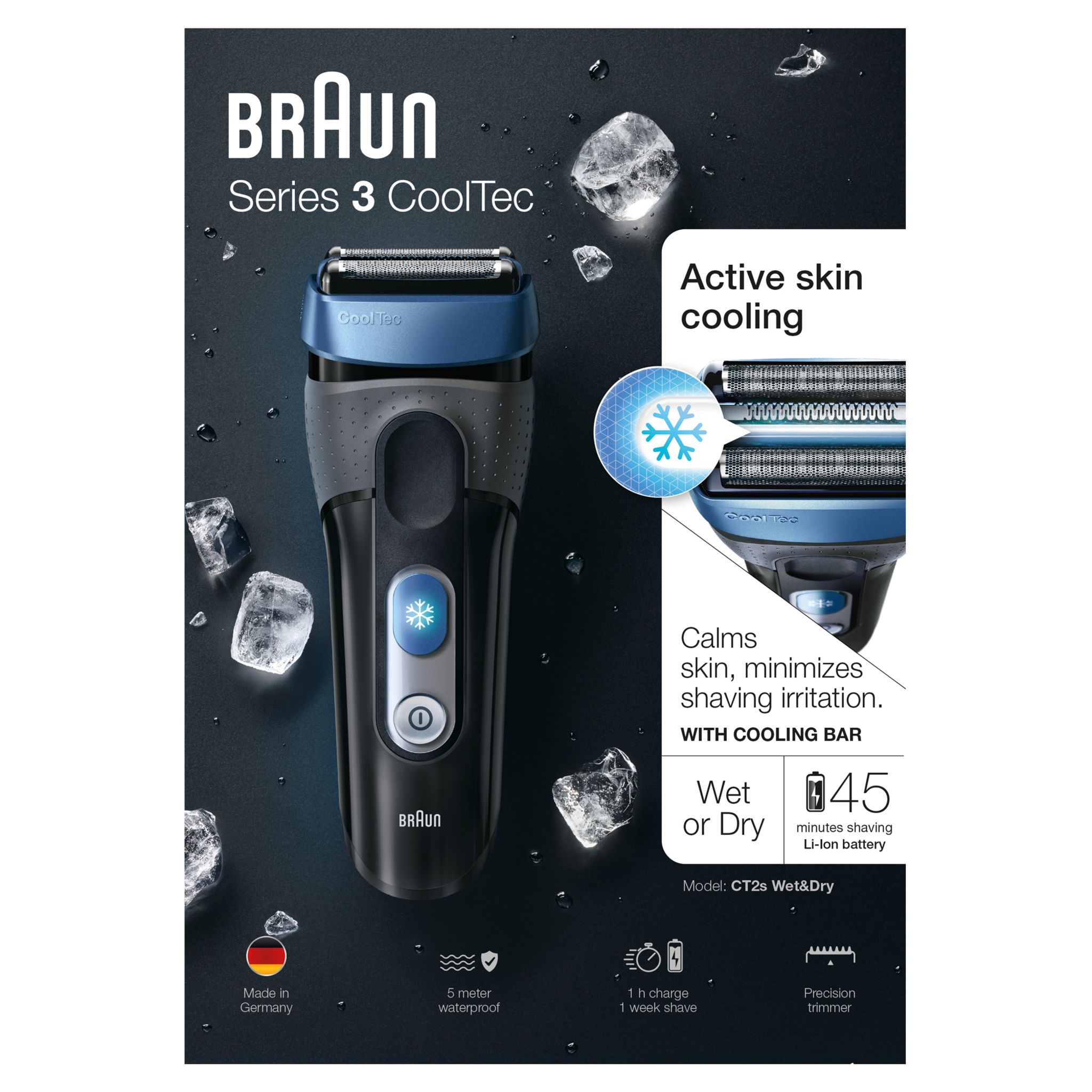Voir la diapositive 2 : BRAUN Rasoir masculin Braun CoolTec CT2s Bleu et Noir  Autonomie 45 min à grille 100% étanche