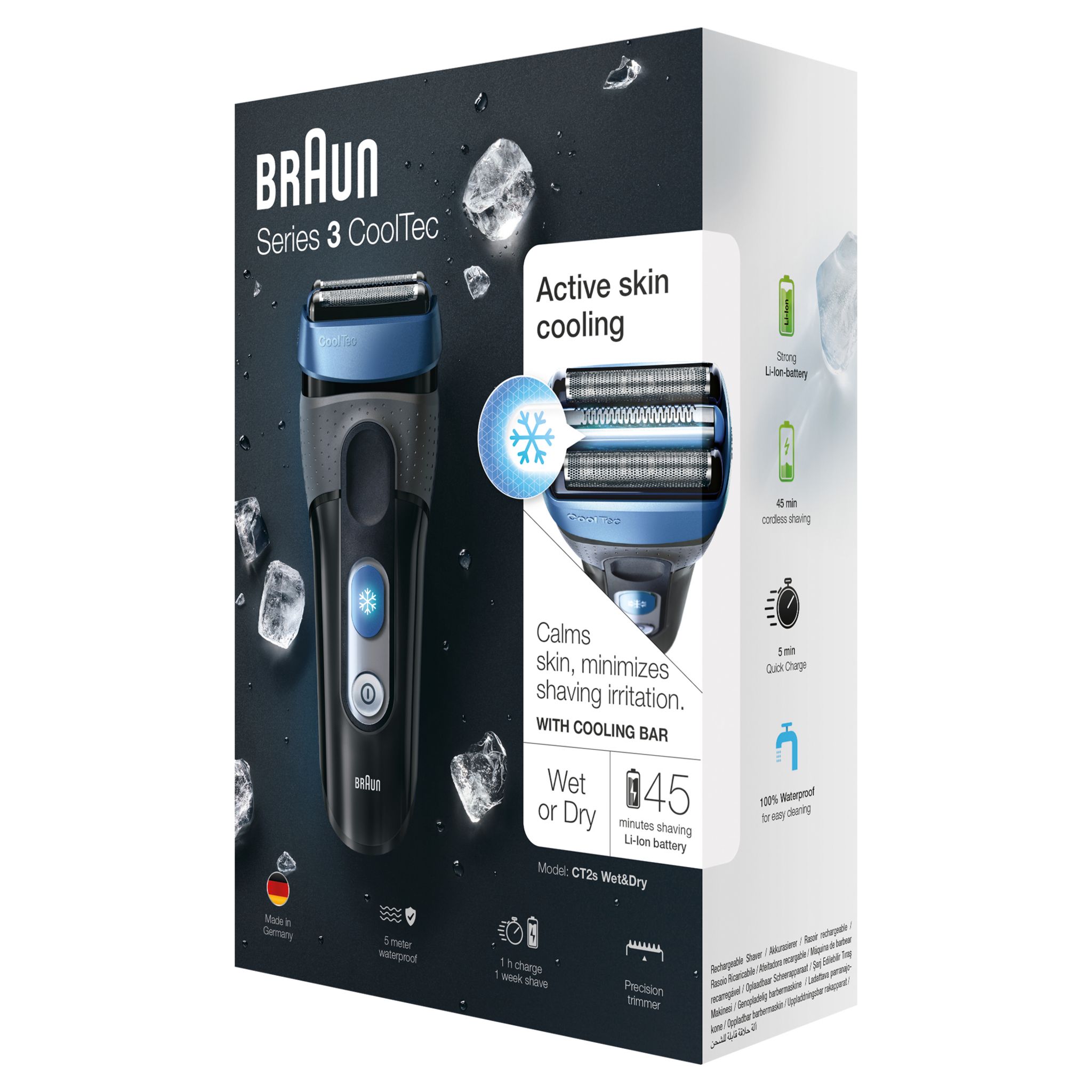 Voir la diapositive 3 : BRAUN Rasoir masculin Braun CoolTec CT2s Bleu et Noir  Autonomie 45 min à grille 100% étanche