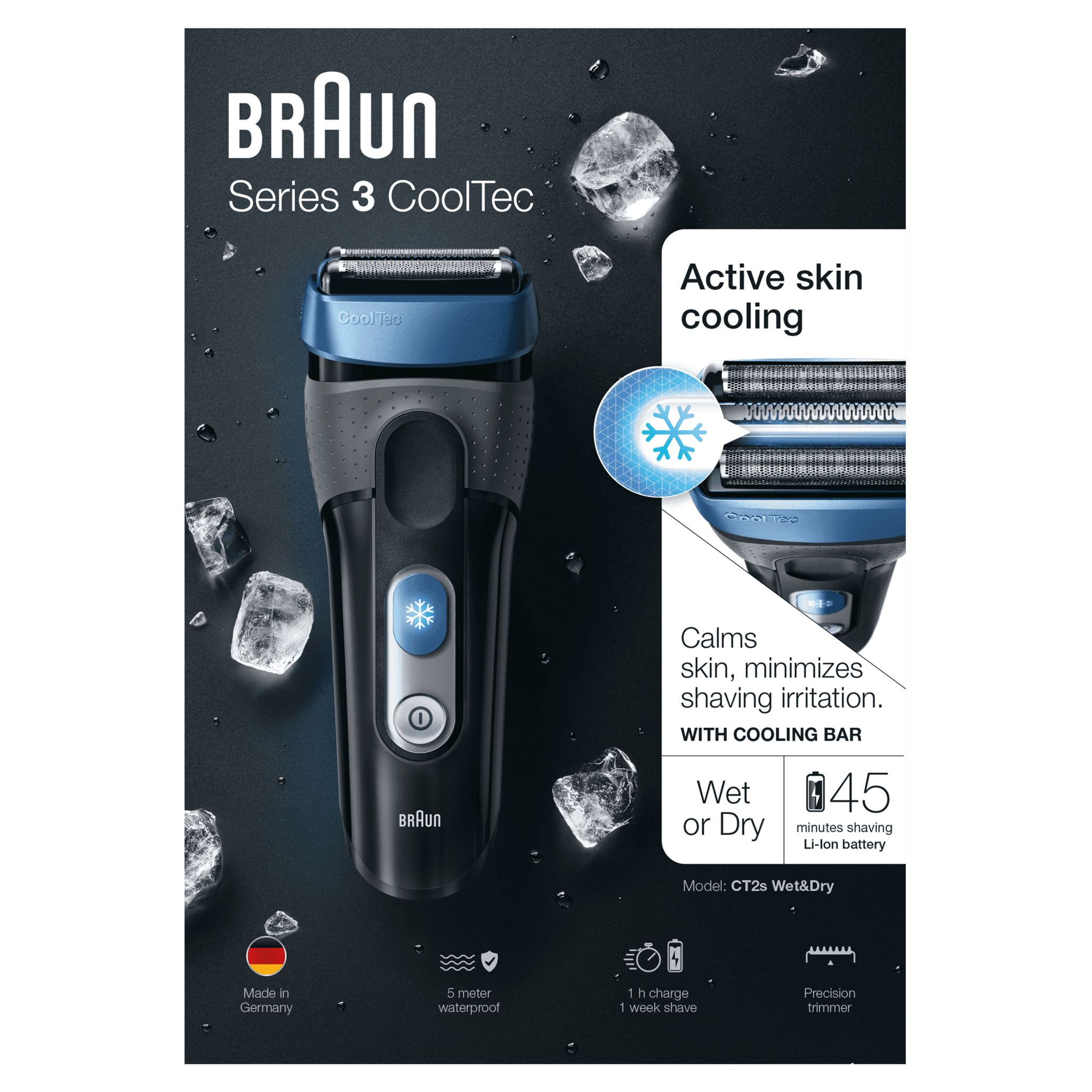 Voir la diapositive 9 : BRAUN Rasoir masculin Braun CoolTec CT2s Bleu et Noir  Autonomie 45 min à grille 100% étanche