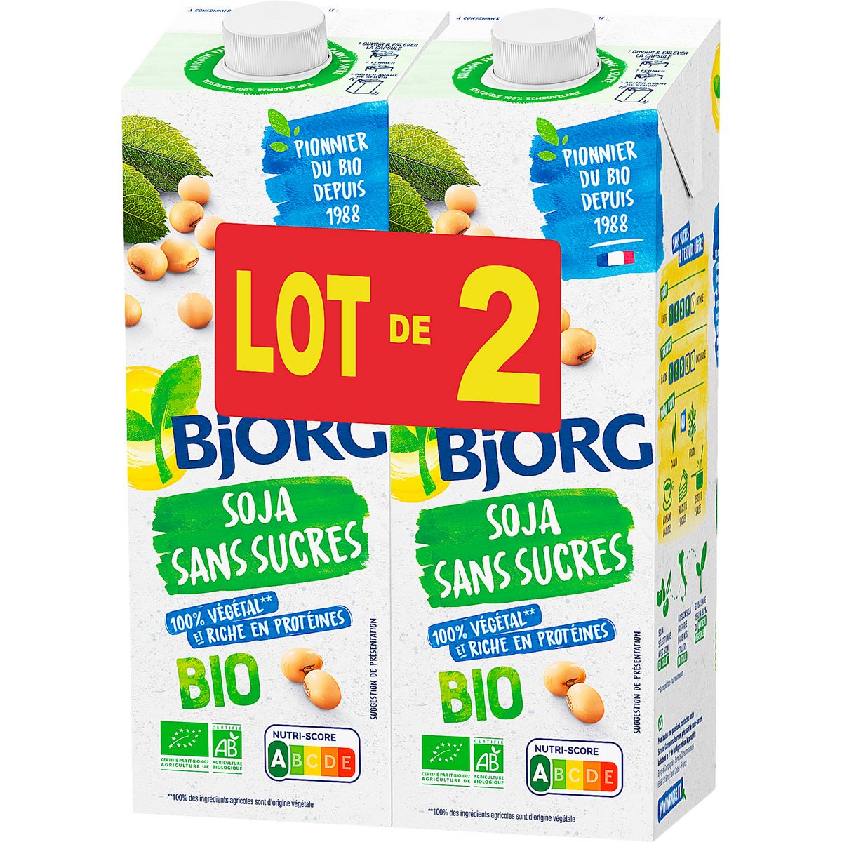 BJORG Boisson soja nature bio sans sucres ajoutés 2x1l