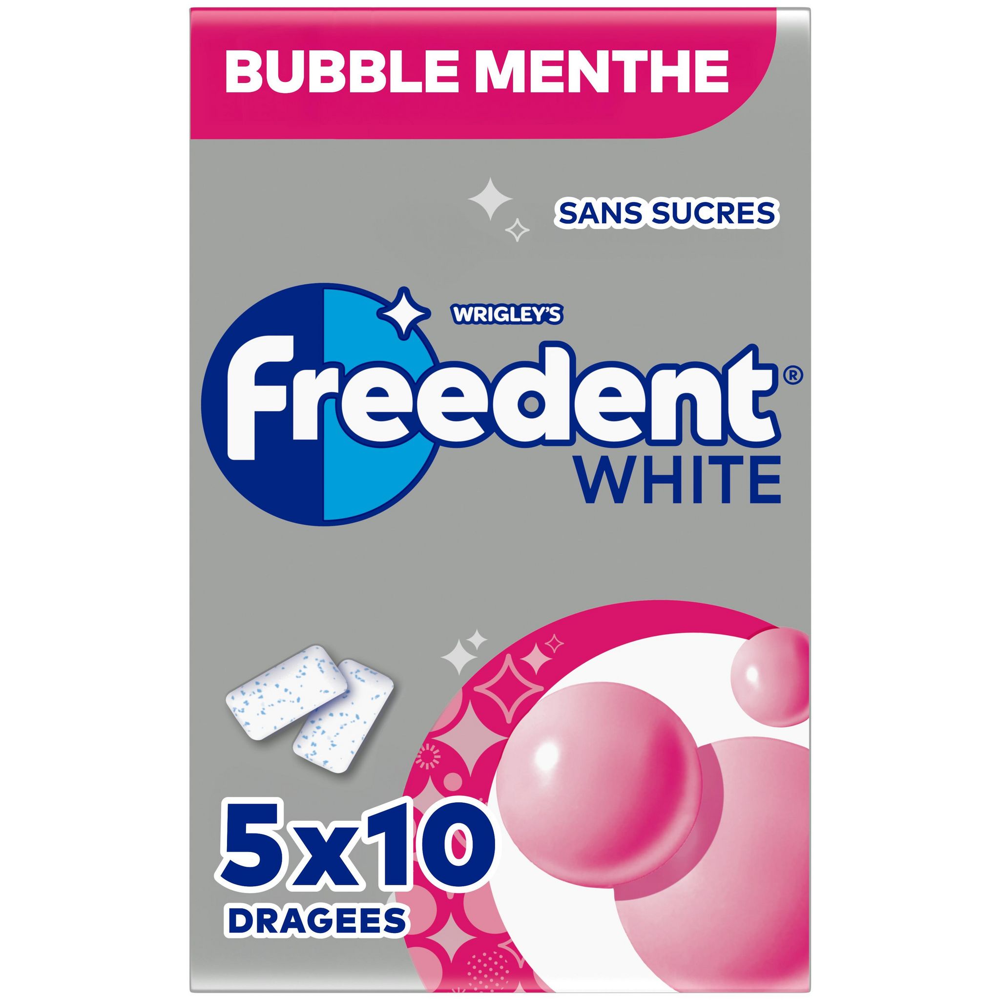 Voir la diapositive 2 : FREEDENT White Bubble menthe sans sucres 5x10 dragées 70g