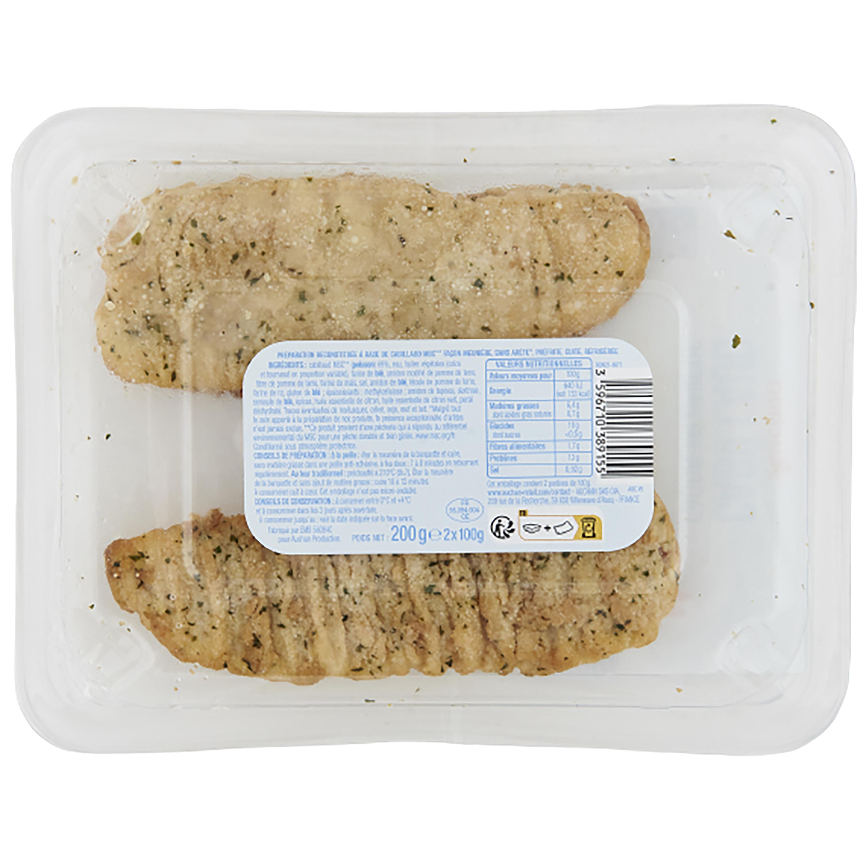 Voir la diapositive 4 : AUCHAN Cabillaud MSC panés façon meunière 2 pièces 200g