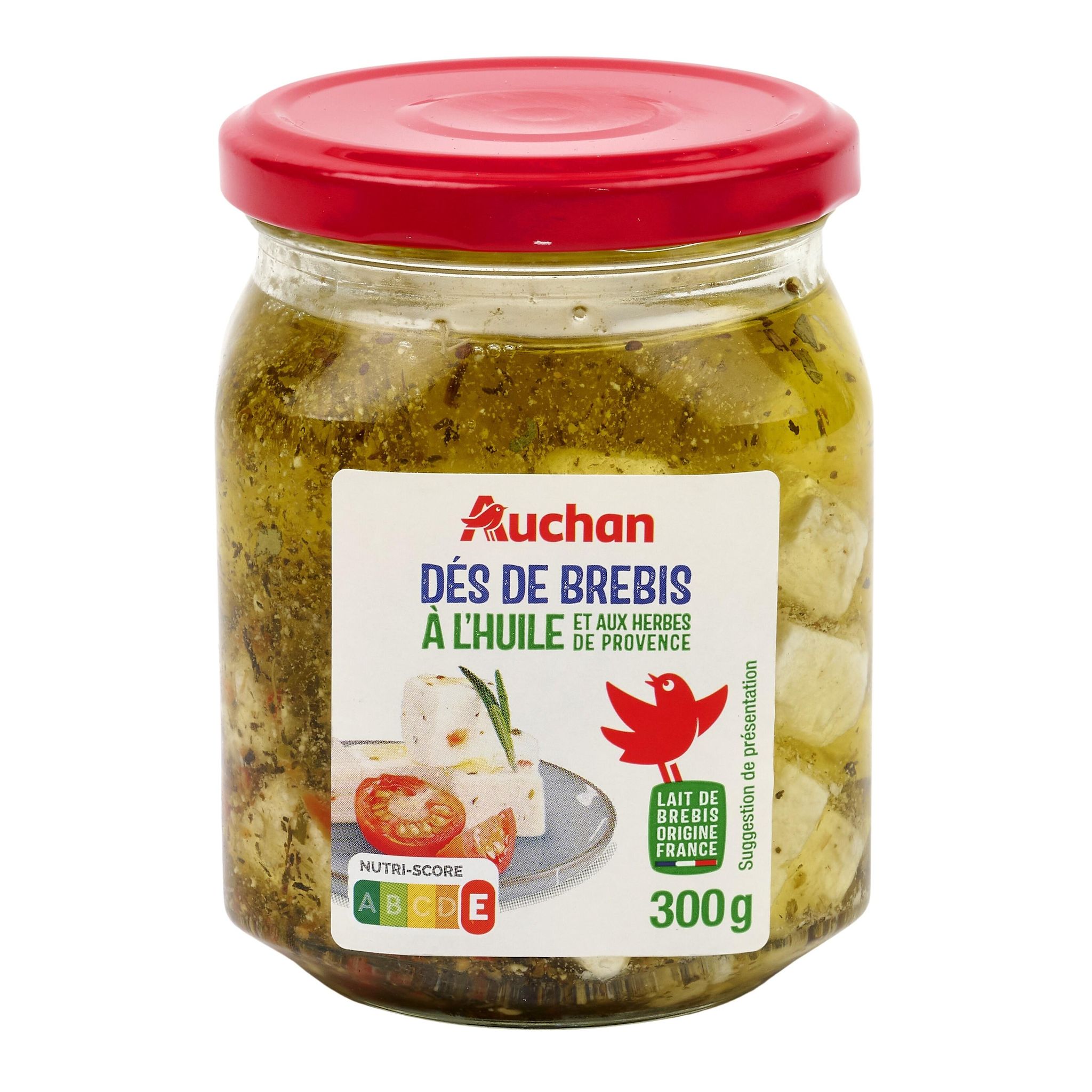 Voir la diapositive 2 : AUCHAN Dés de fromage de brebis à l'huile de tournesol et aux herbes de Provence 300g