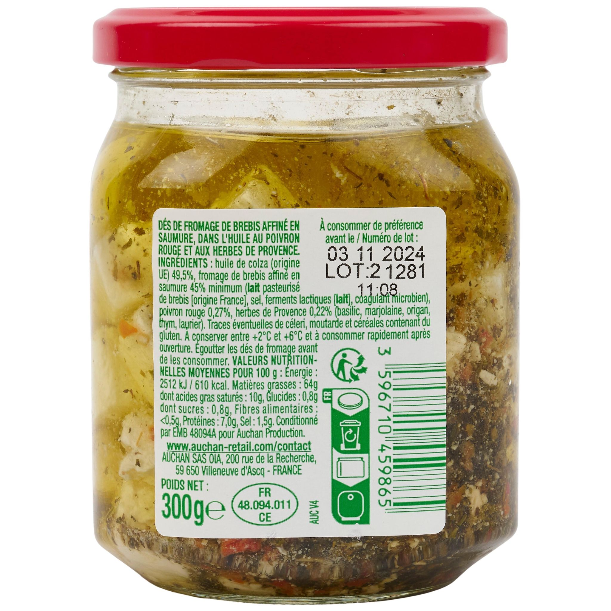 Voir la diapositive 3 : AUCHAN Dés de fromage de brebis à l'huile de tournesol et aux herbes de Provence 300g