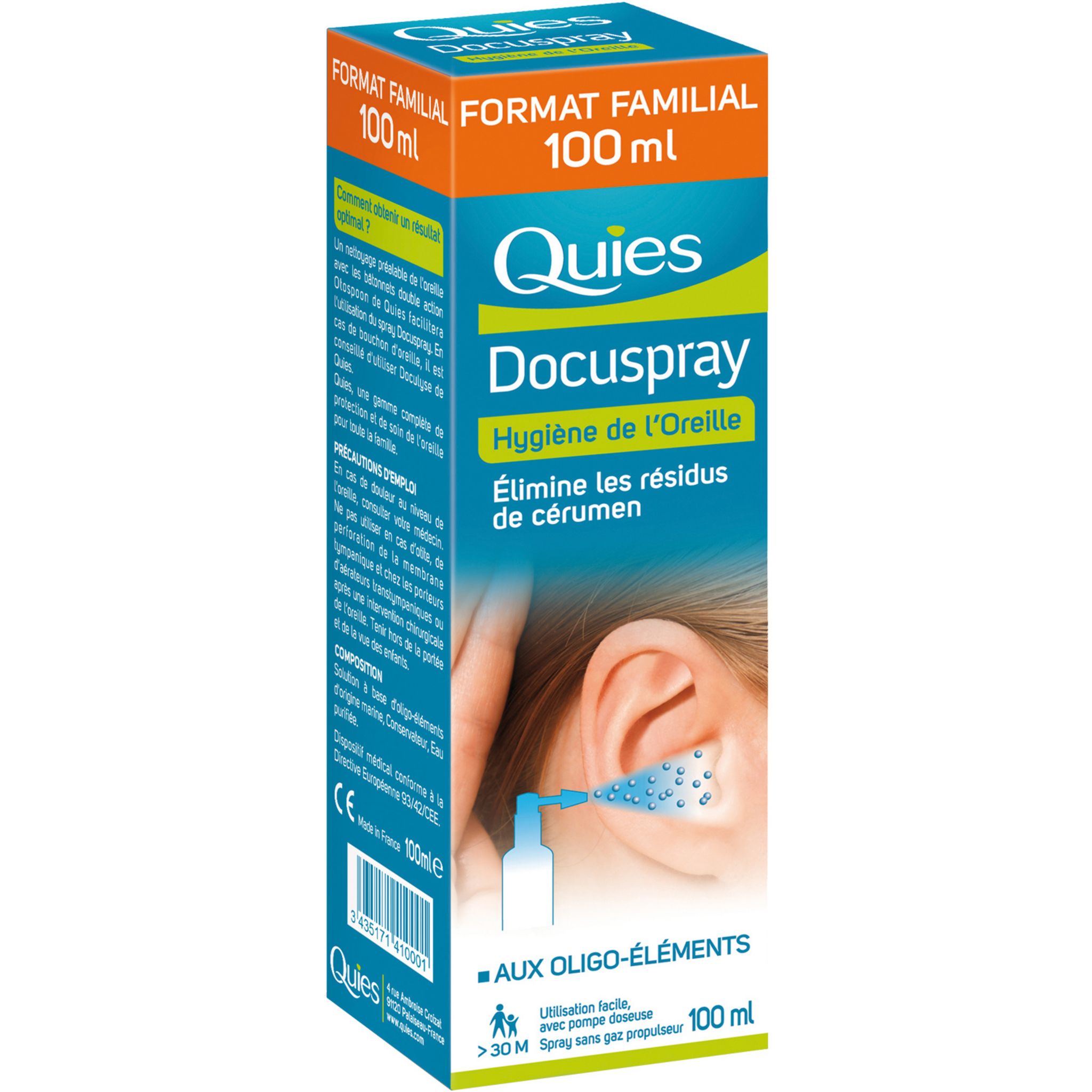 Voir la diapositive 2 : QUIES Spray hygiène de l'oreille 100ml