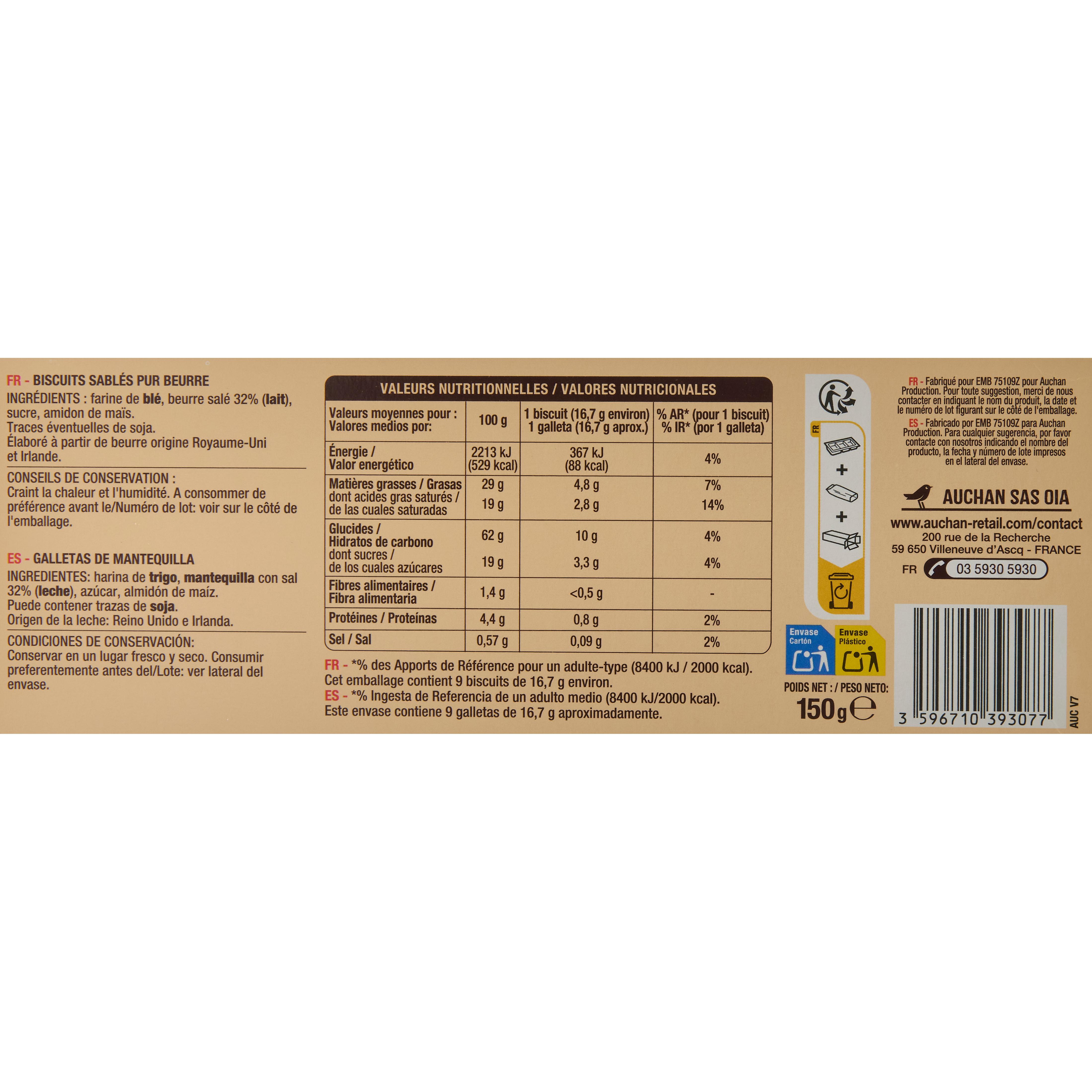 Voir la diapositive 2 : AUCHAN Shortbreads sablés pur beurre 9 biscuits 150g