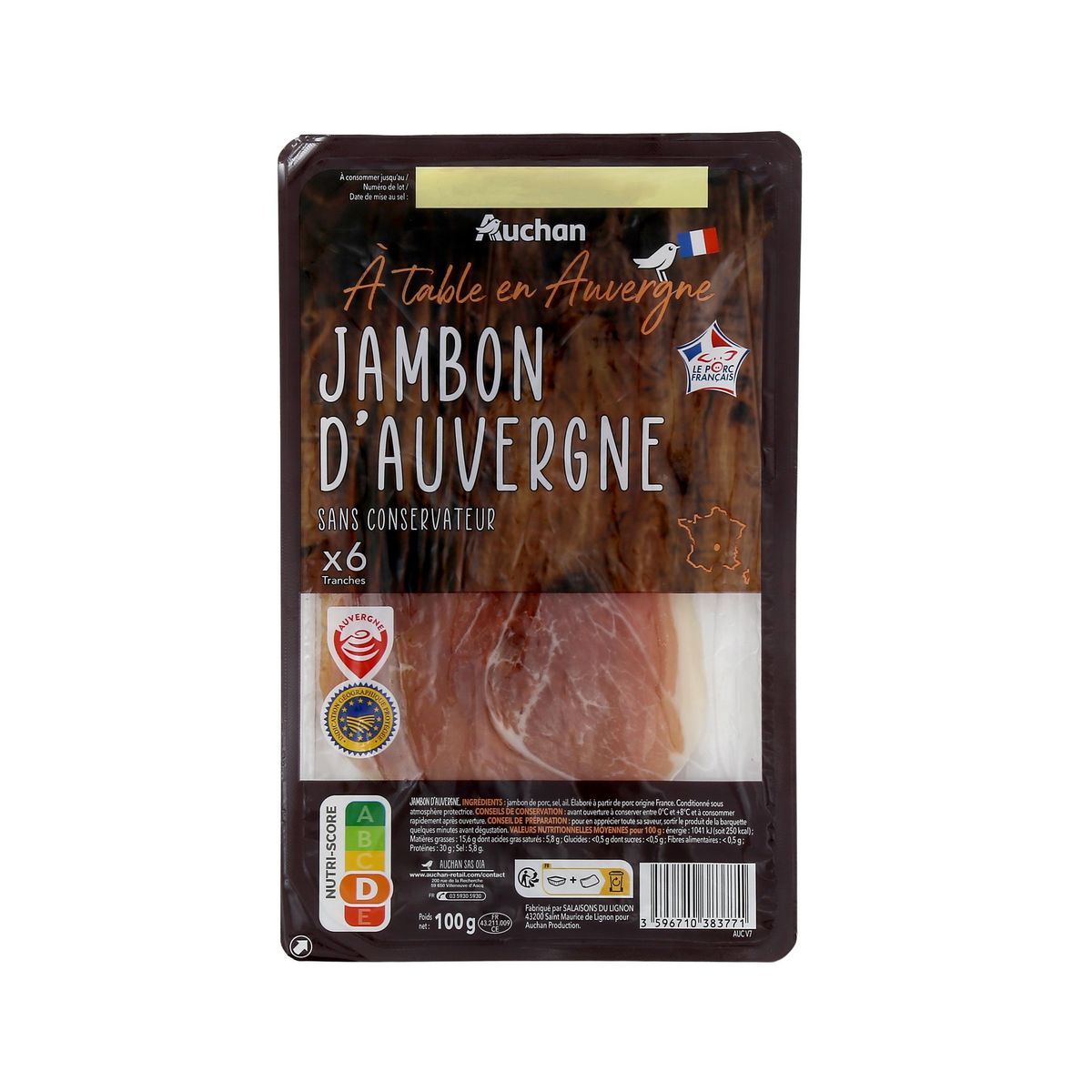 AUCHAN TERROIR Jambon d'Auvergne IGP 6 tranches 100g
