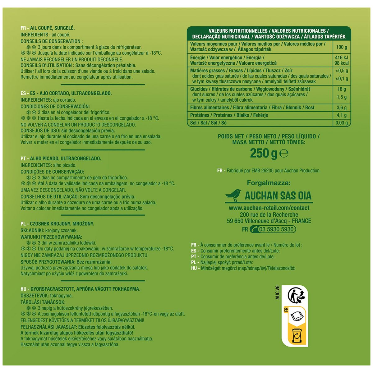 AUCHAN Ail coupé 250g