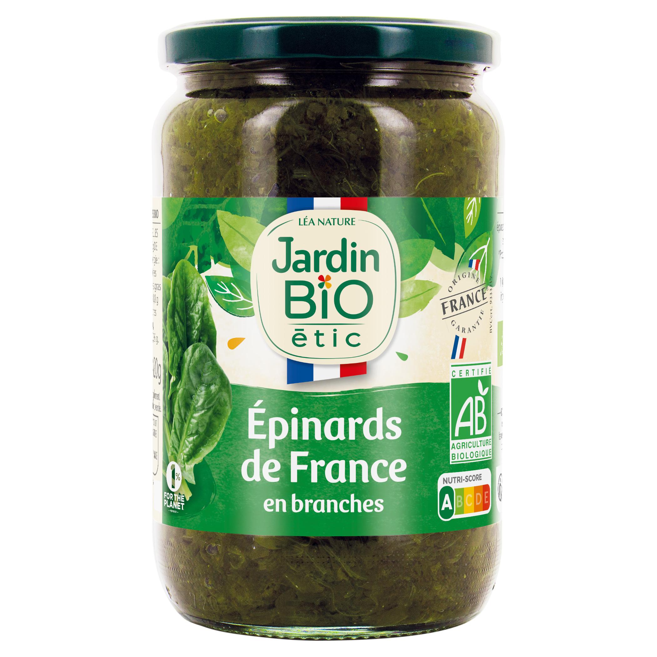Voir la diapositive 2 : JARDIN BIO ETIC Epinards de France en branches bio bocal 420g
