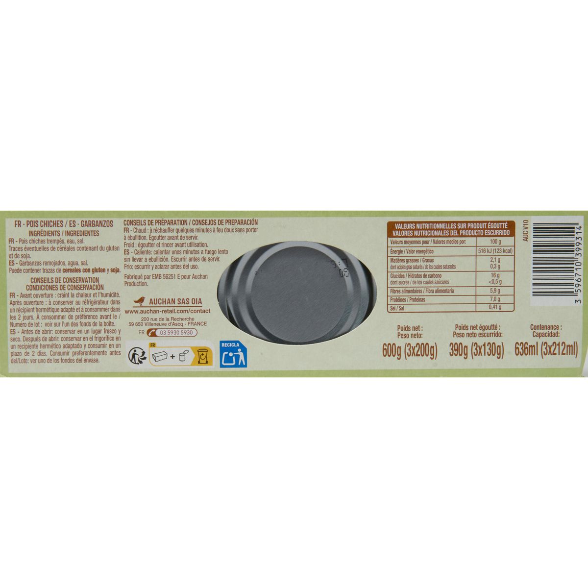 AUCHAN Pois chiches 3x125g