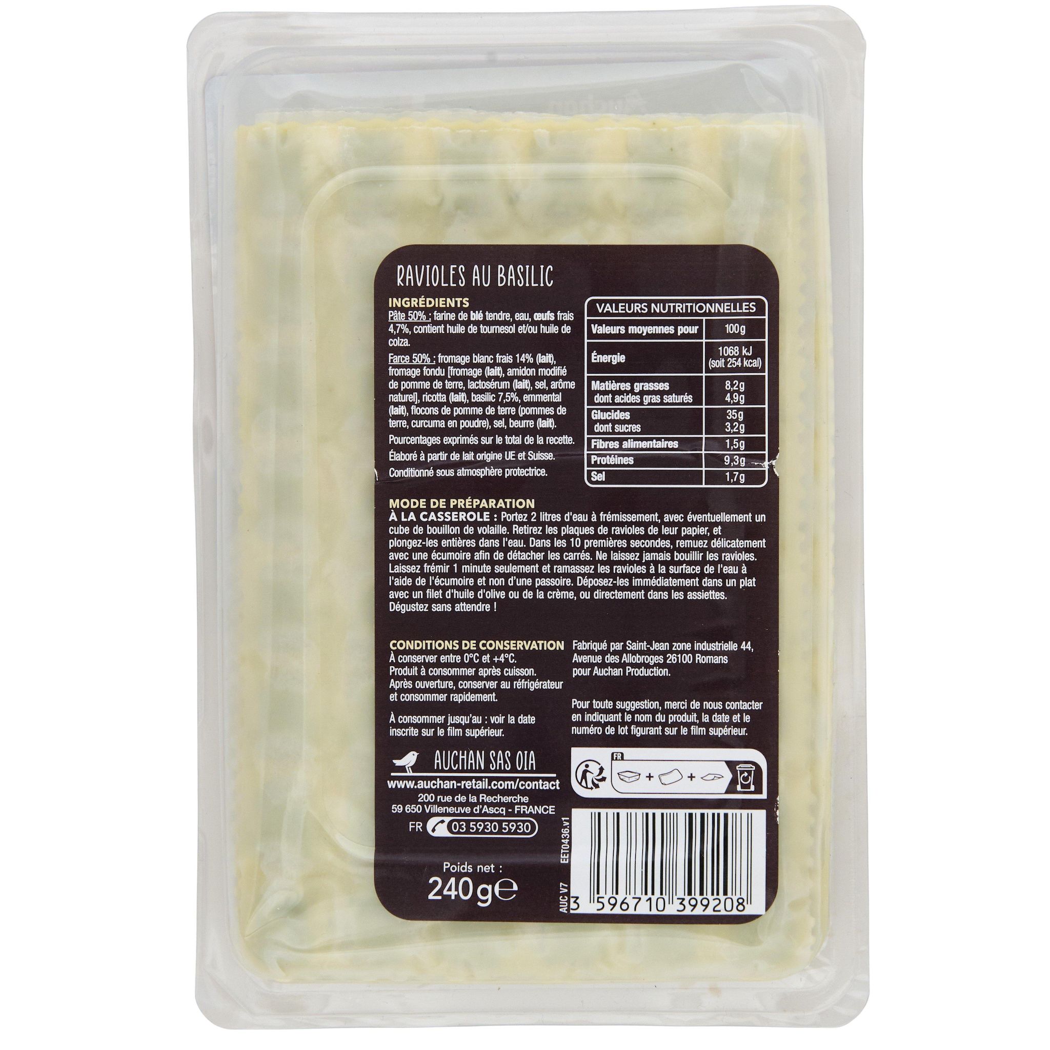 Voir la diapositive 2 : AUCHAN TERROIR Ravioles au basilic 2 parts 240g