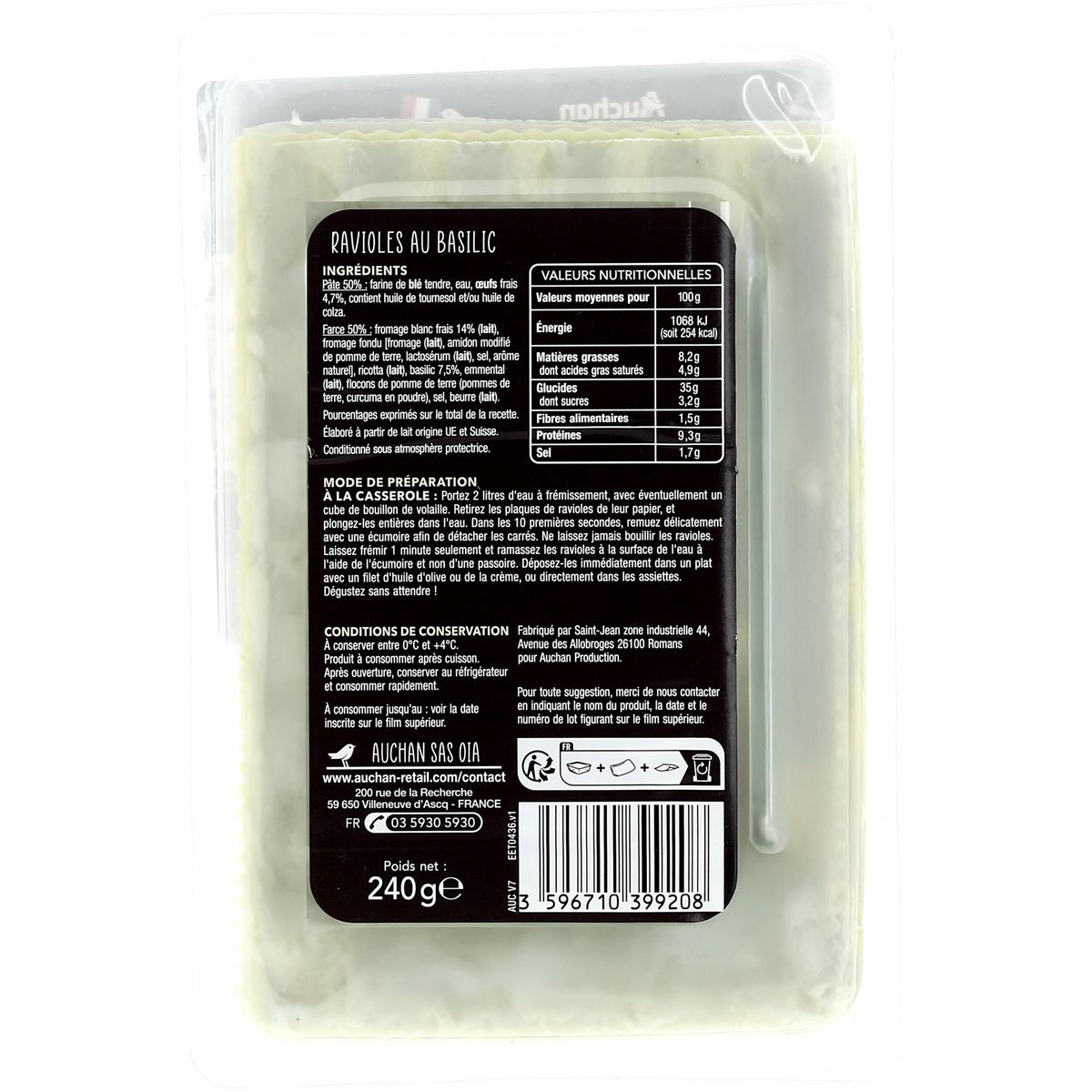 AUCHAN TERROIR Ravioles au basilic 2 parts 240g