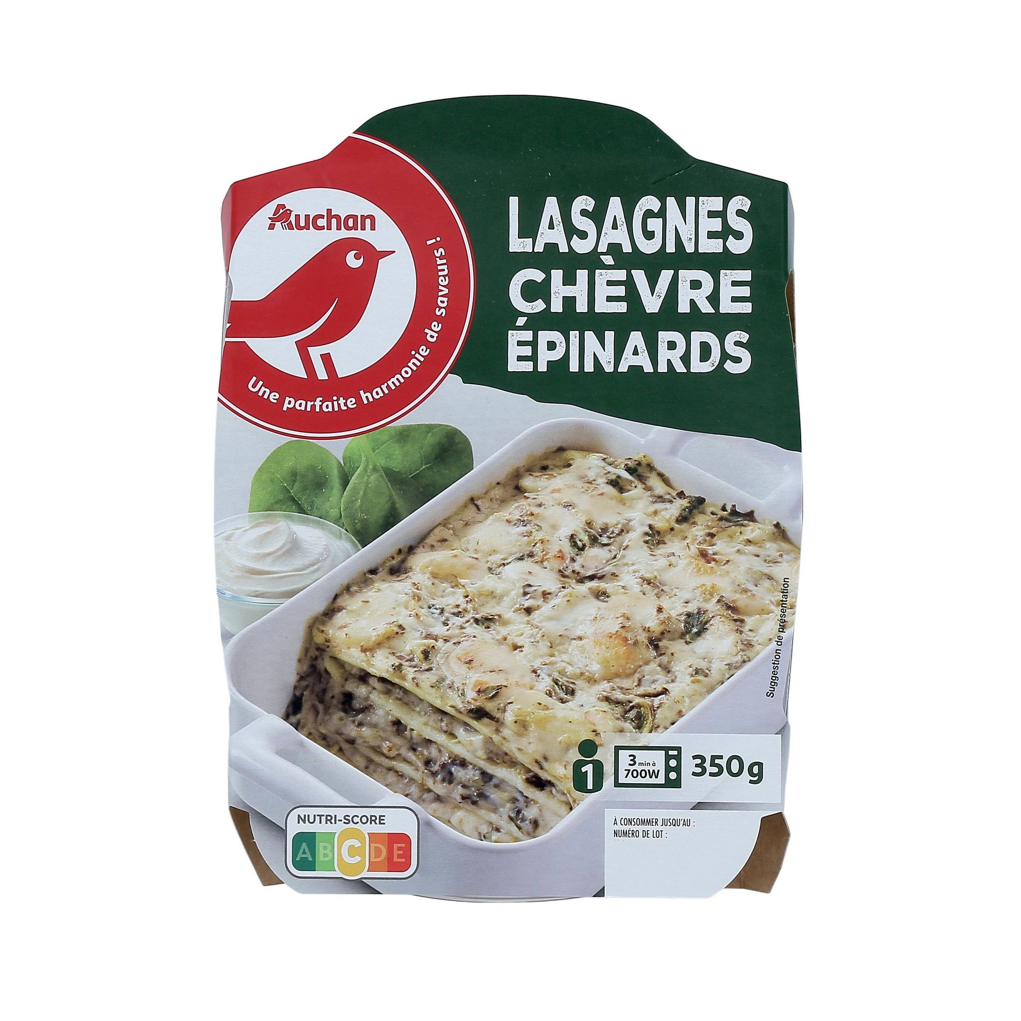 Voir la diapositive 2 : AUCHAN Lasagnes au chèvre et aux épinards sans couverts 1 part 350g