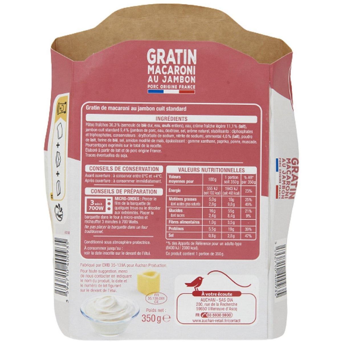 AUCHAN Gratin de macaroni au jambon 1 part 350g