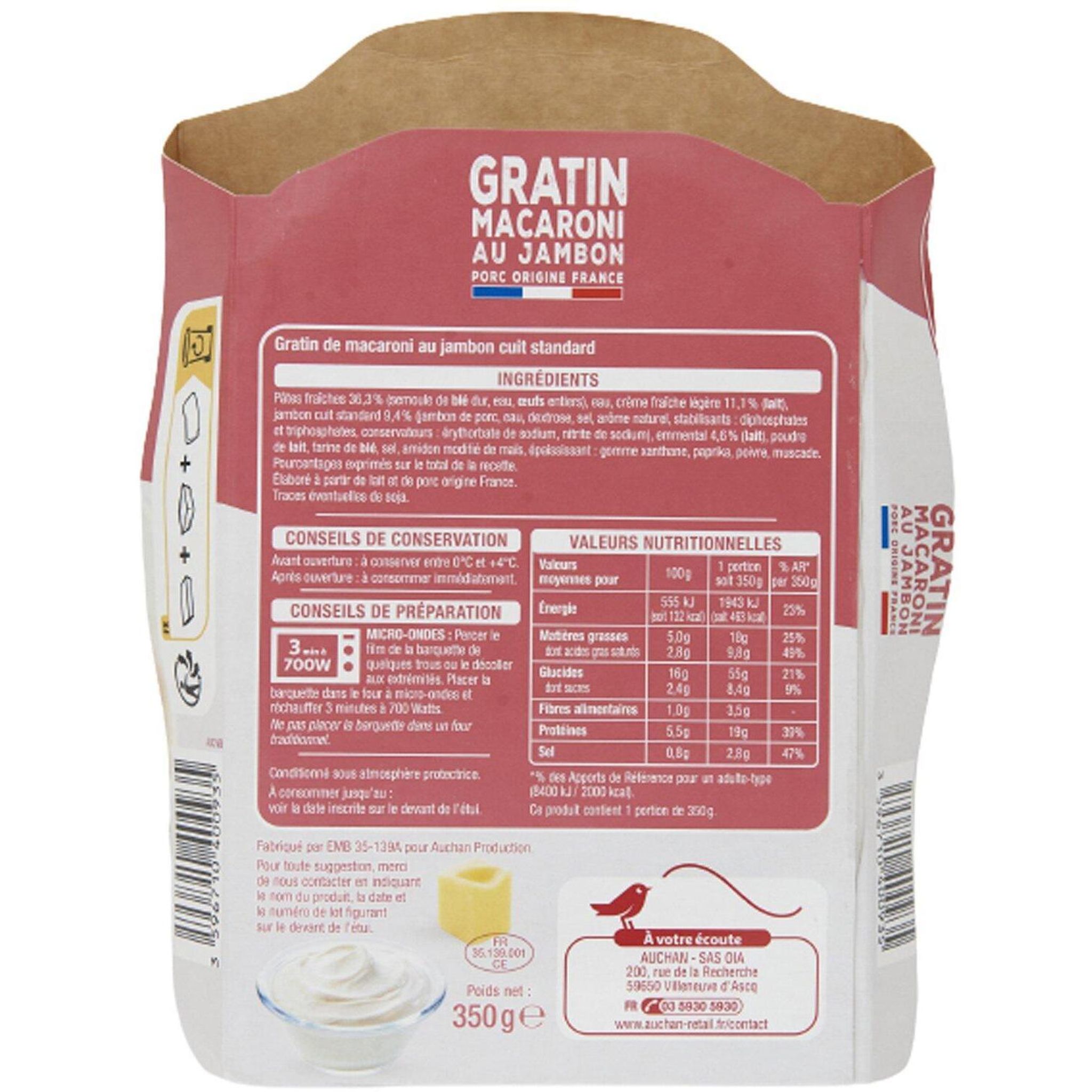 Voir la diapositive 3 : AUCHAN Gratin de macaroni au jambon 1 part 350g