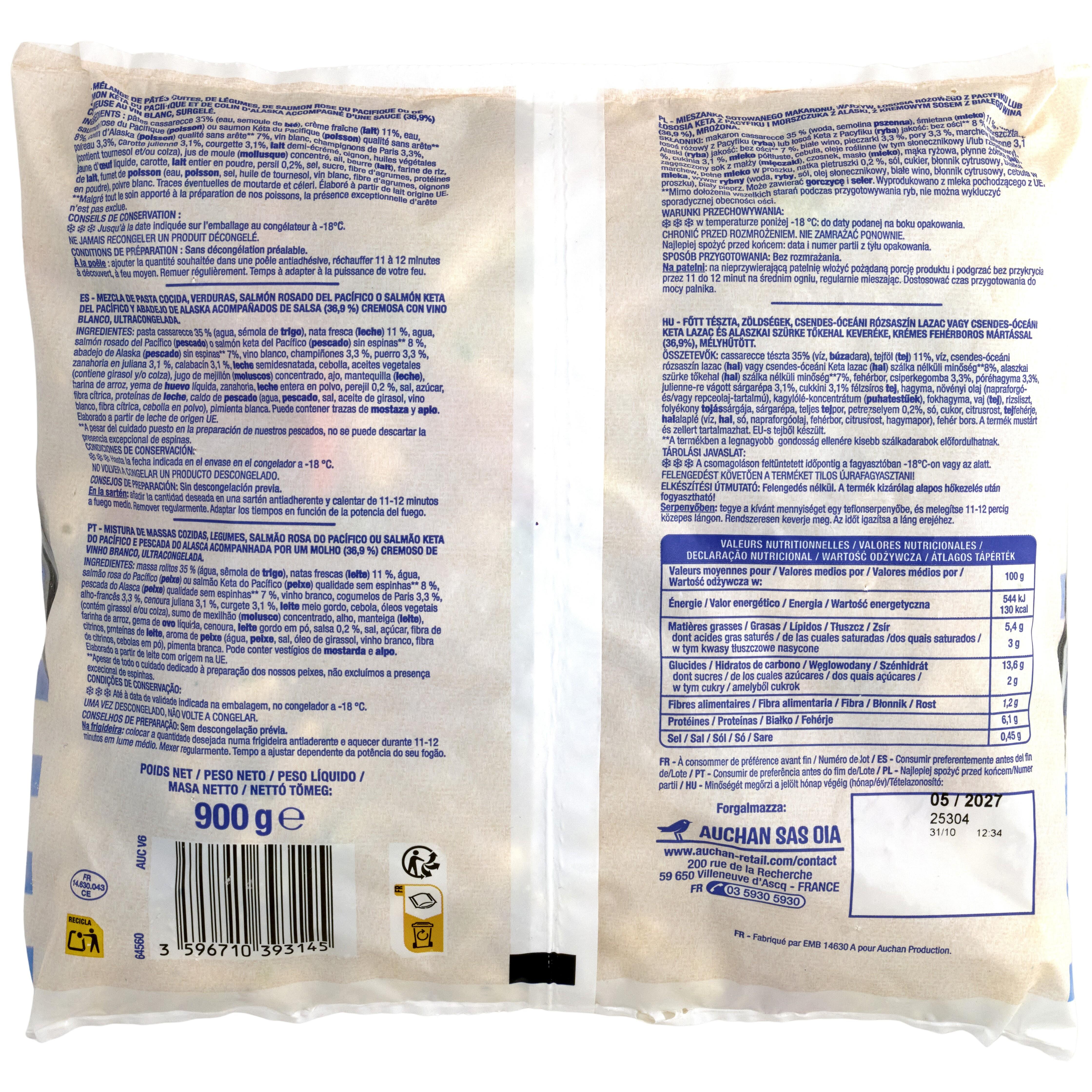 Voir la diapositive 2 : AUCHAN Pâtes aux duo poissons 3 portions 900g