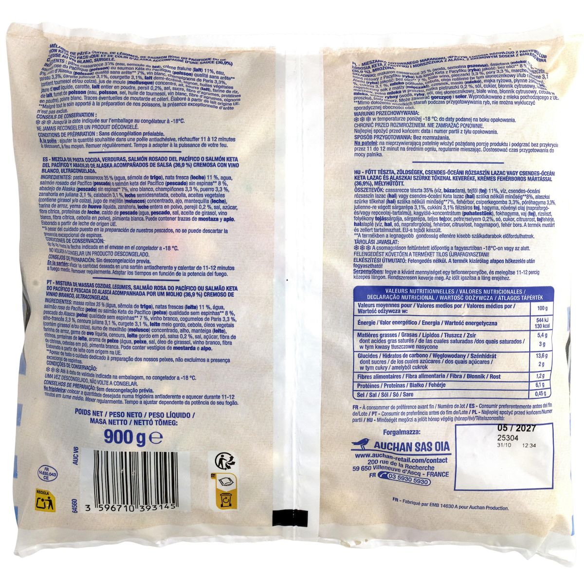 AUCHAN Pâtes aux duo poissons 3 portions 900g