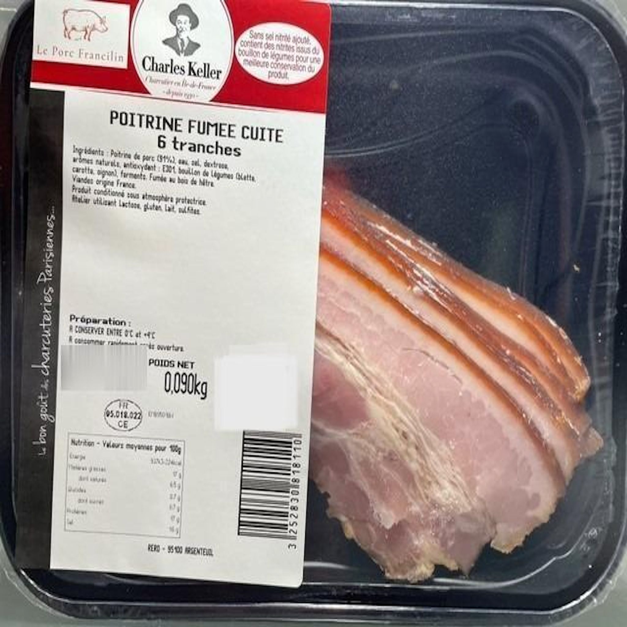 CHARLES KELLER Poitrine fumée au bois de hêtre cuite 6 tranches 90g