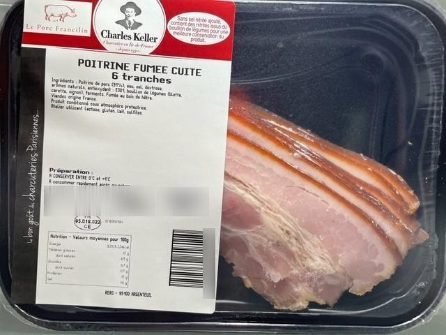 Voir la diapositive 2 : CHARLES KELLER Poitrine fumée au bois de hêtre cuite 6 tranches 90g