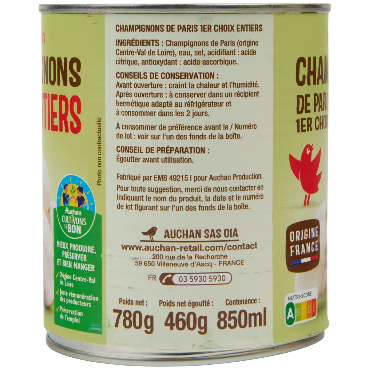 AUCHAN Champignons entiers 1er choix 460g