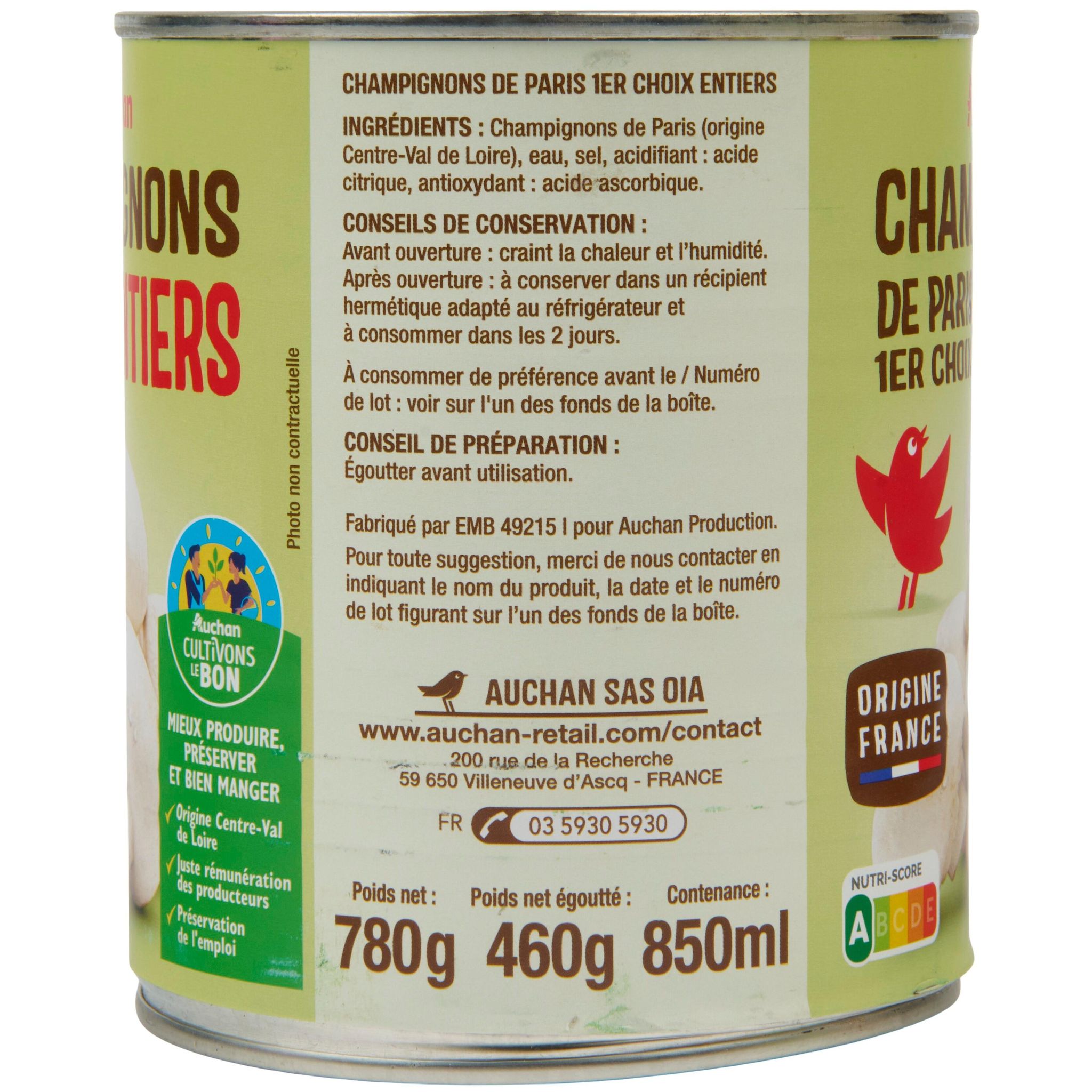 Voir la diapositive 5 : AUCHAN Champignons entiers 1er choix 460g