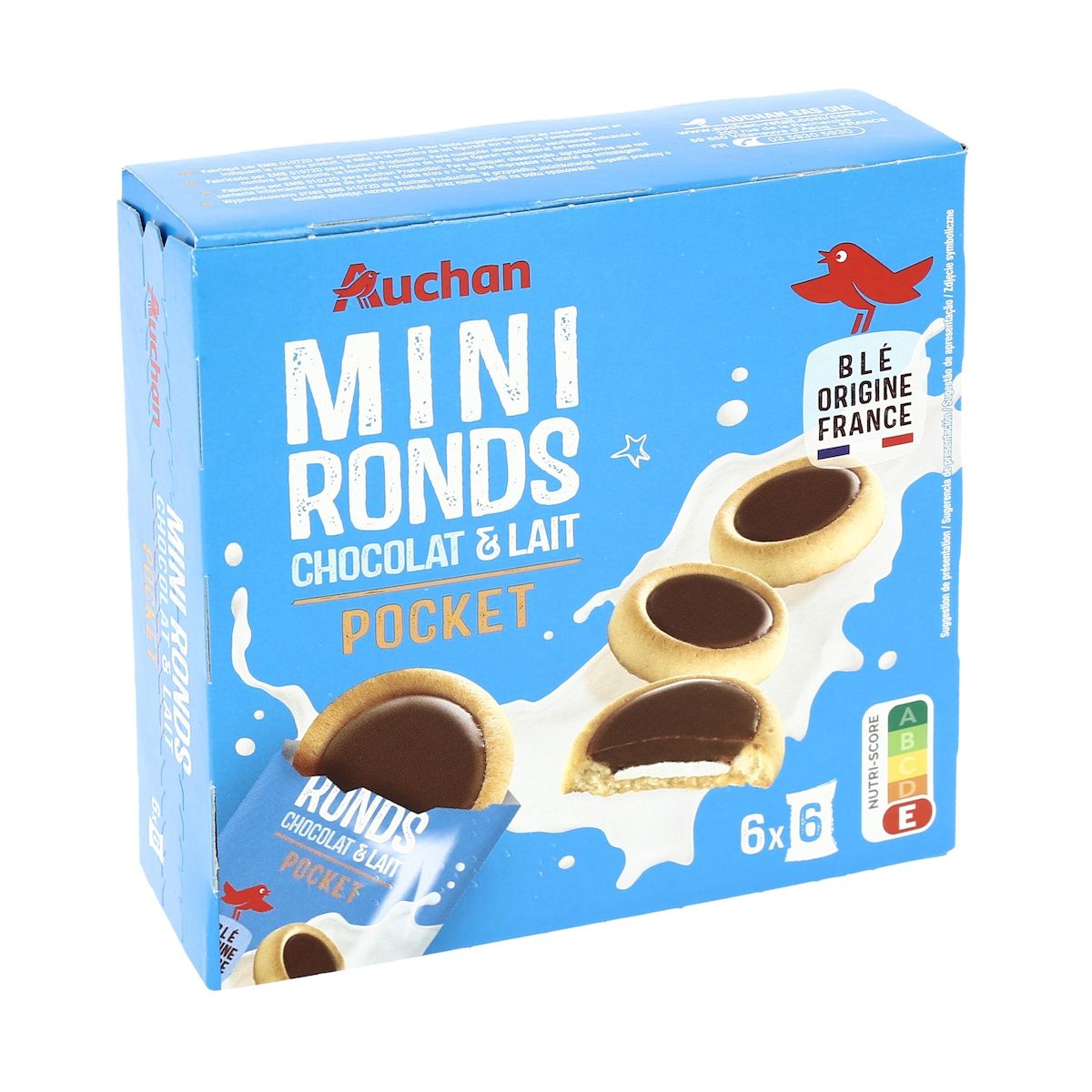 AUCHAN Mini ronds tartelettes chocolat et lait sachets fraîcheur 6x6 biscuits 225g