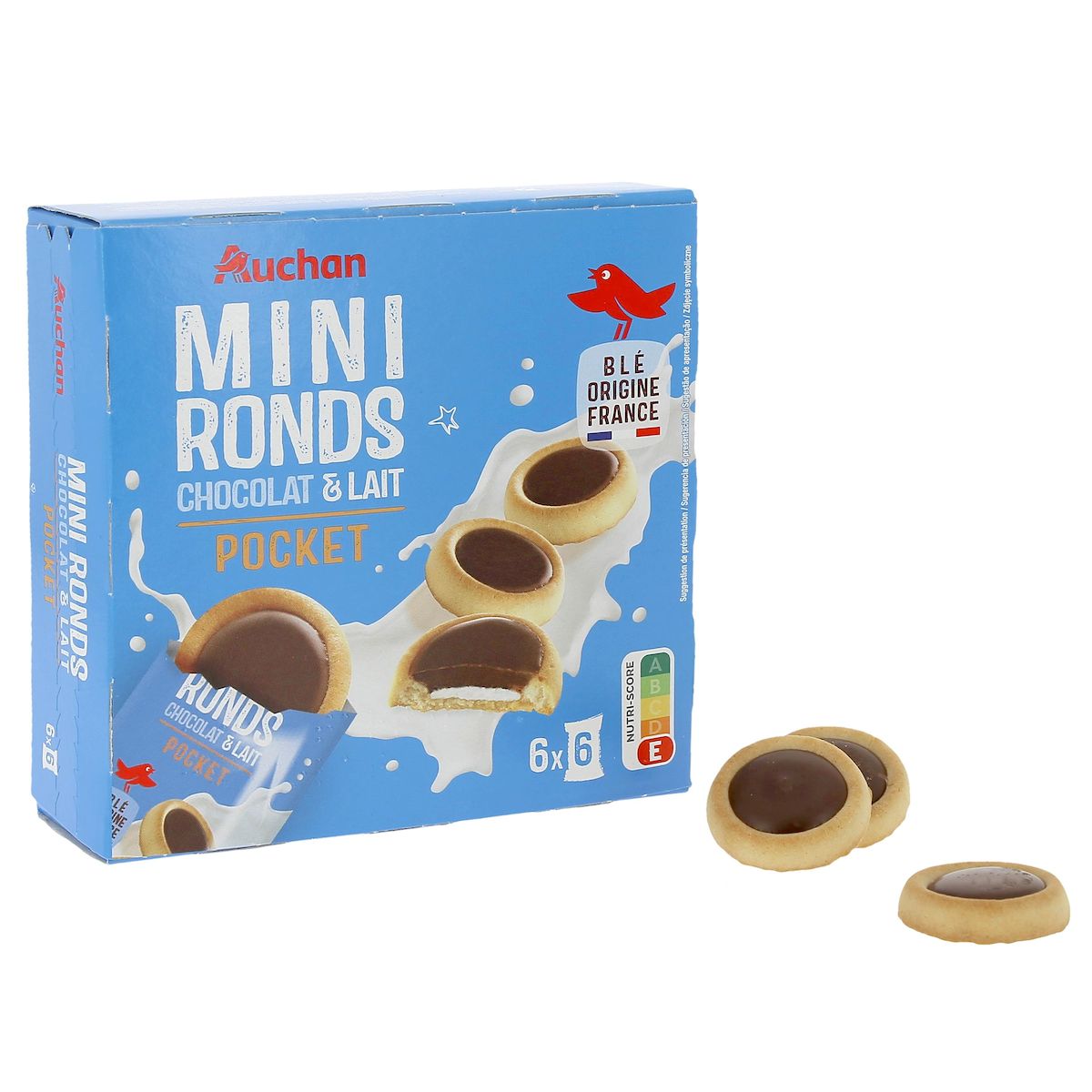 AUCHAN Mini ronds tartelettes chocolat et lait sachets fraîcheur 6x6 biscuits 225g