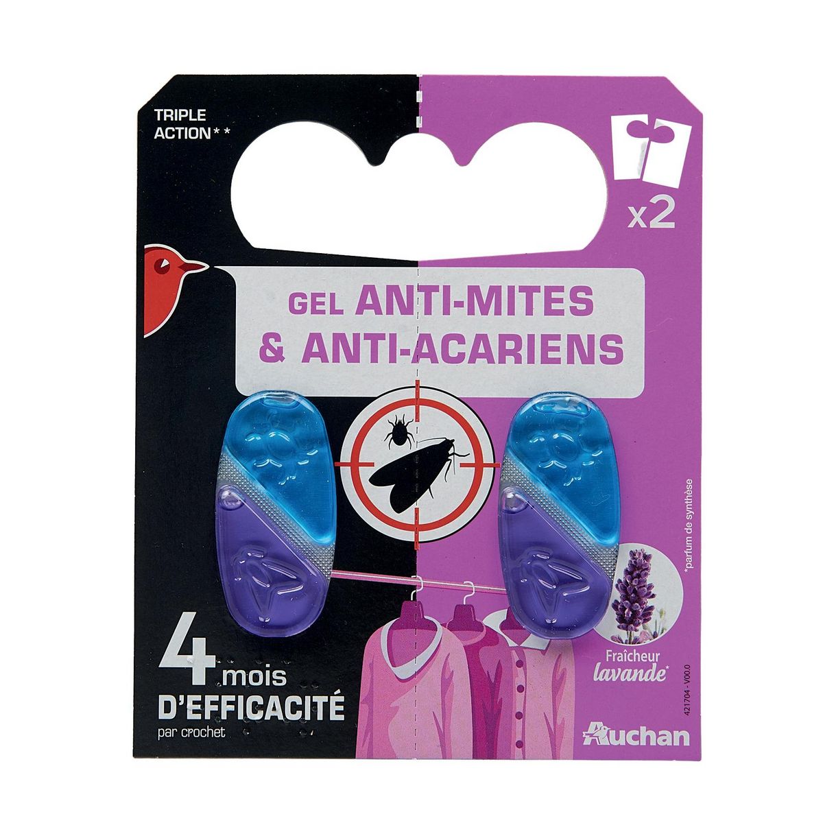 AUCHAN Gel anti-mites et anti-acariens fraîcheur lavande efficace 2x4 mois 2 pièges