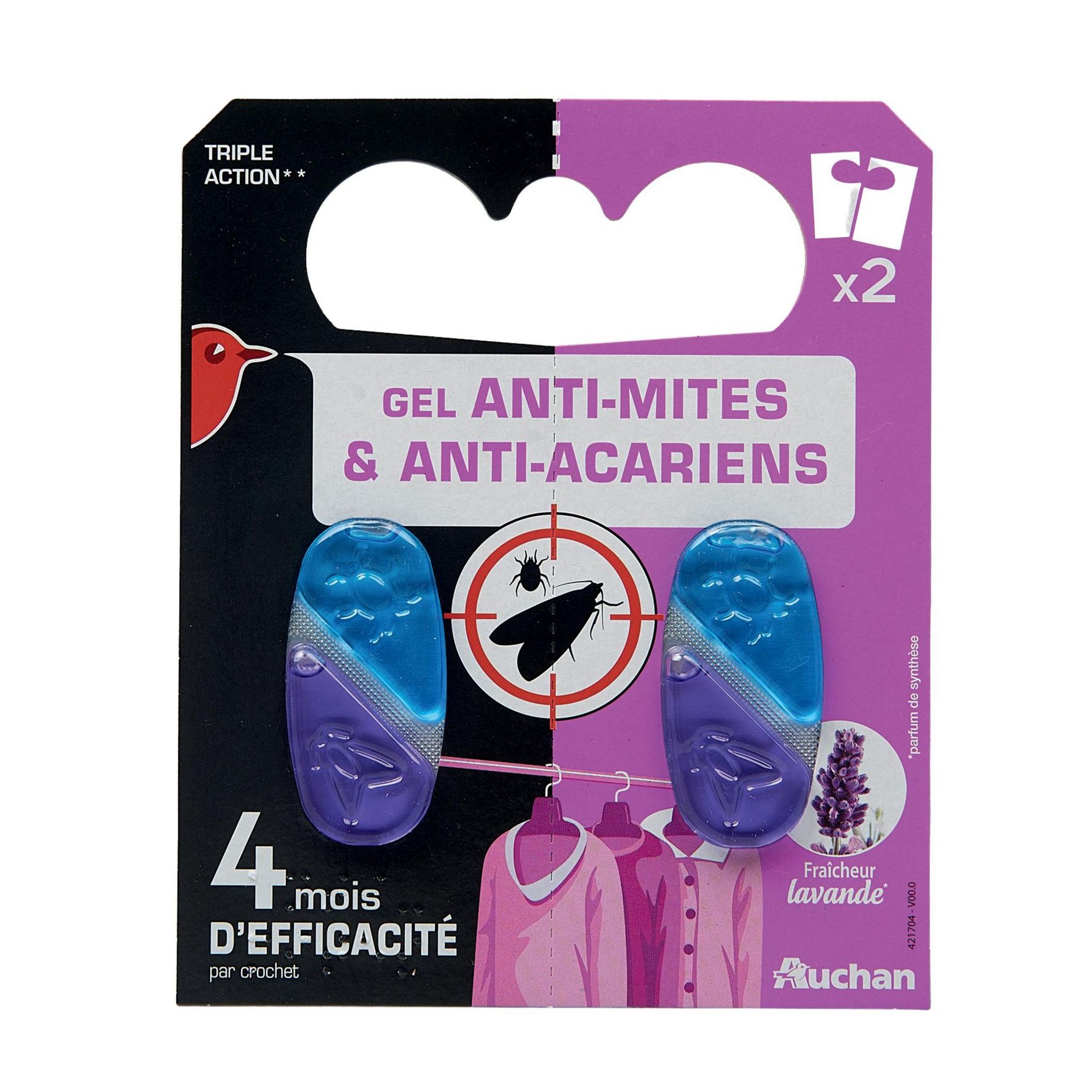 Voir la diapositive 2 : AUCHAN Gel anti-mites et anti-acariens fraîcheur lavande efficace 2x4 mois 2 pièges