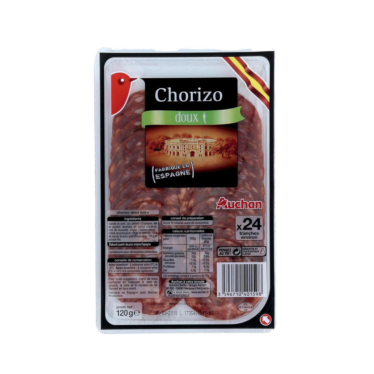 AUCHAN Chorizo doux 24 tranches 120g