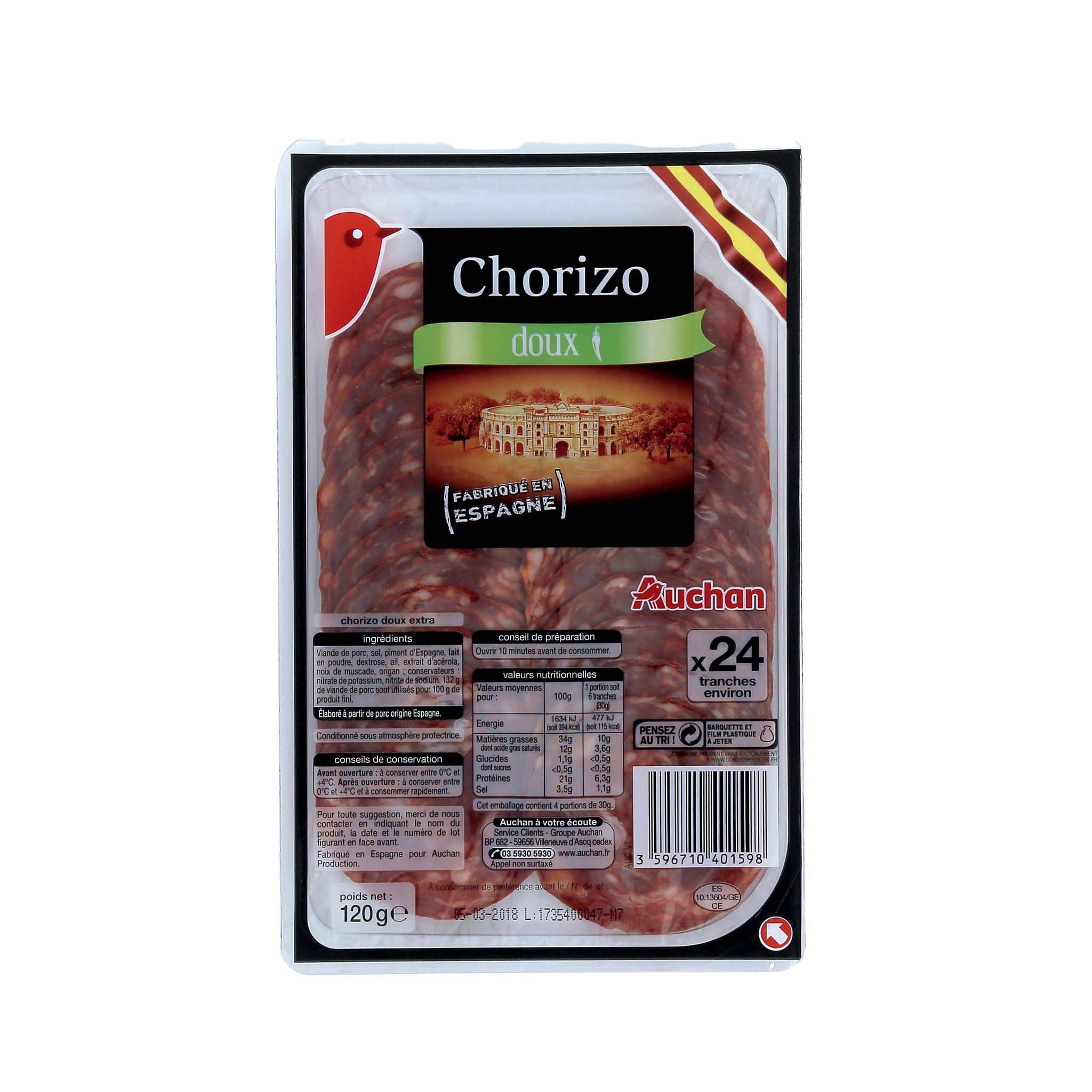 Voir la diapositive 2 : AUCHAN Chorizo doux 24 tranches 120g
