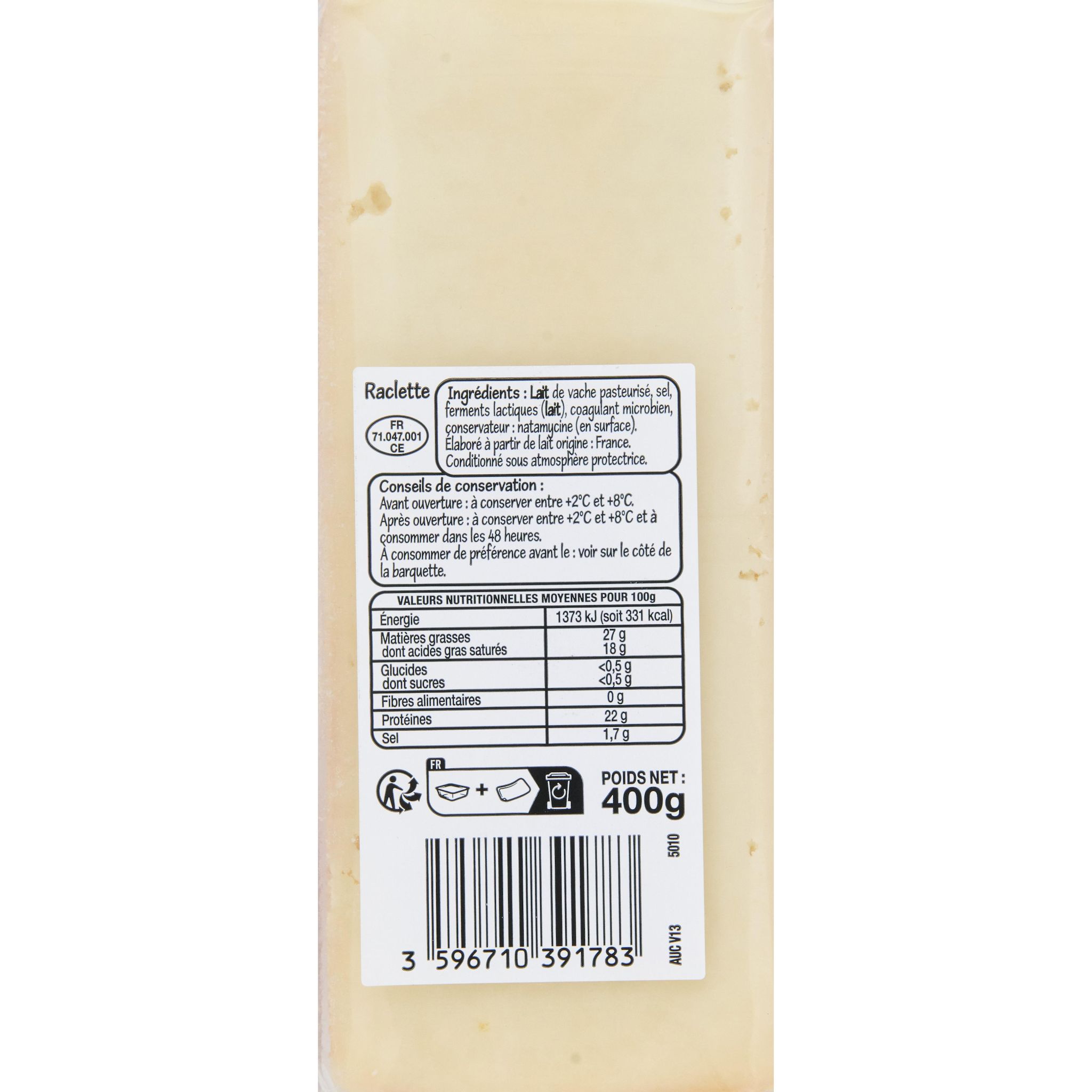 Voir la diapositive 2 : POUCE Fromage à raclette nature 2/3 parts 400g