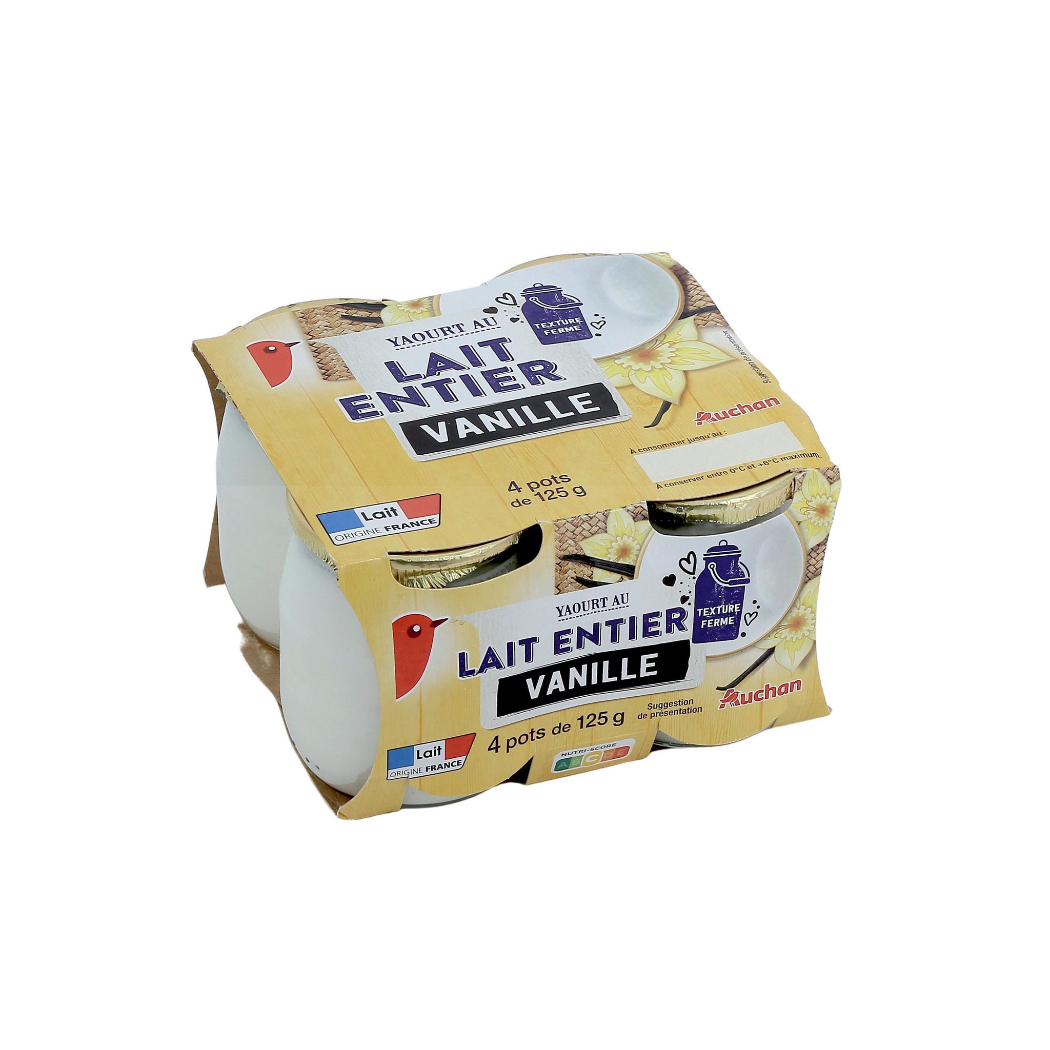 Voir la diapositive 2 : AUCHAN Yaourt au lait entier à la vanille 4x125g