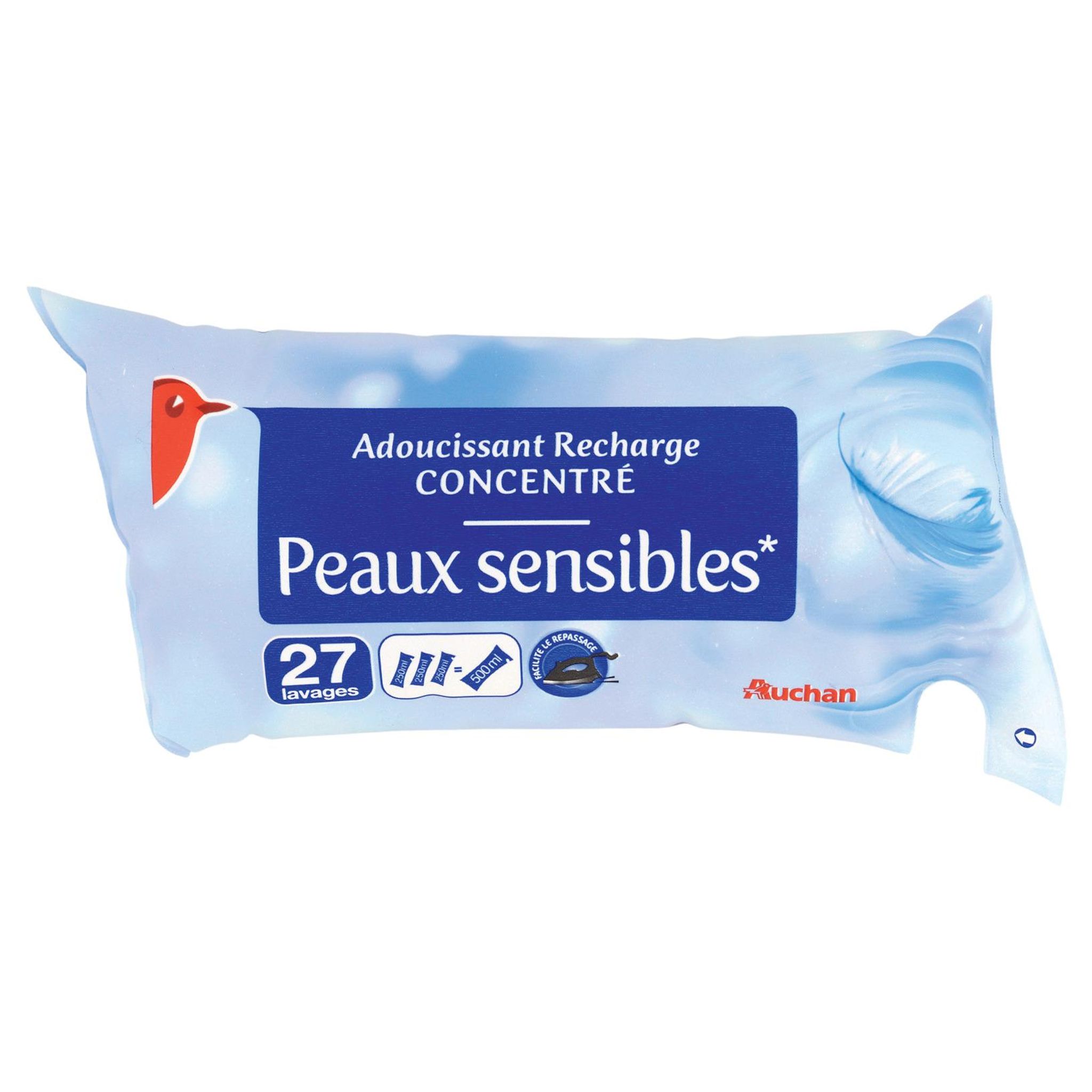 Voir la diapositive 2 : AUCHAN Recharge adoucissant liquide concentré peaux sensibles 27 lavages 500ml