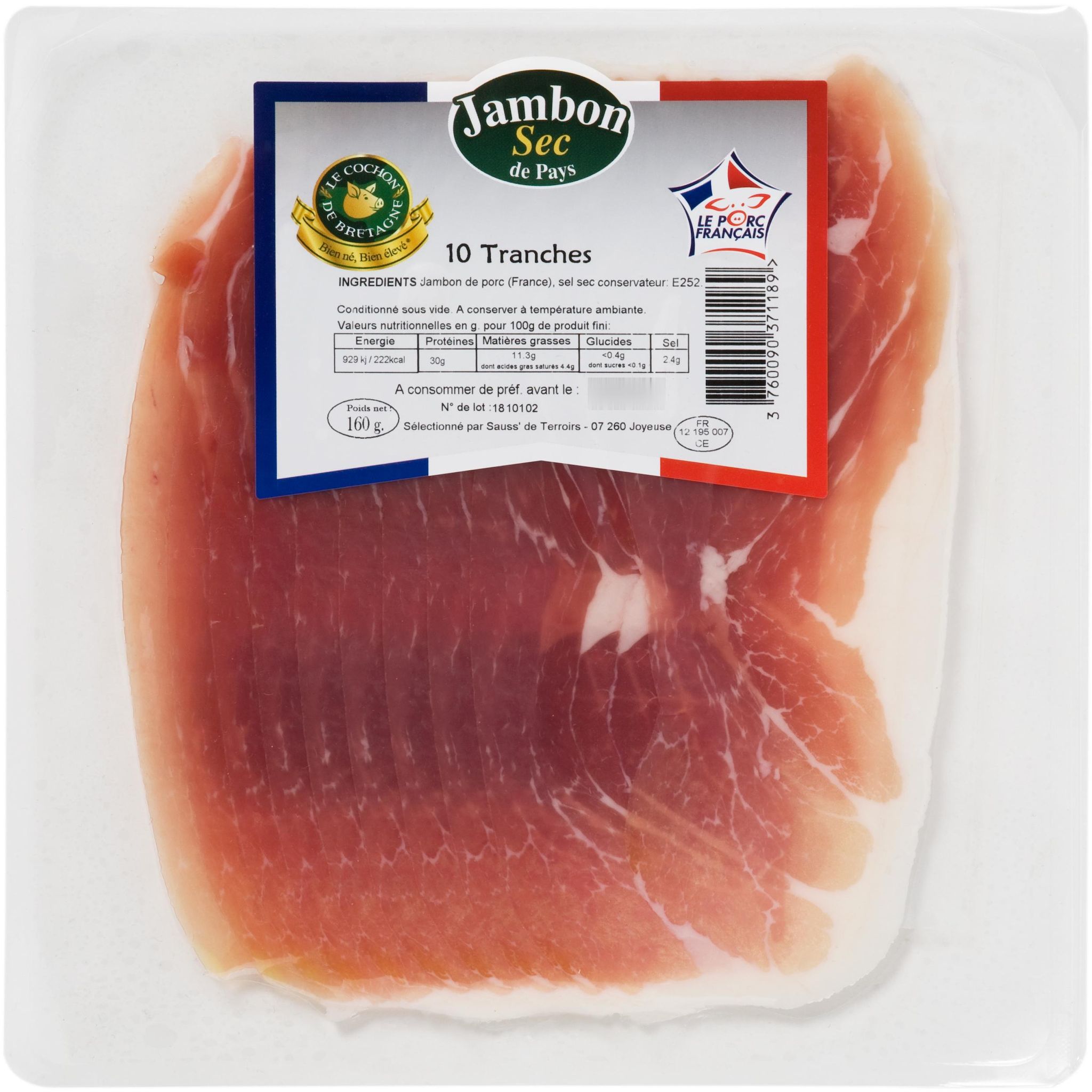 Jambon sec de pays 10 tranches 160g