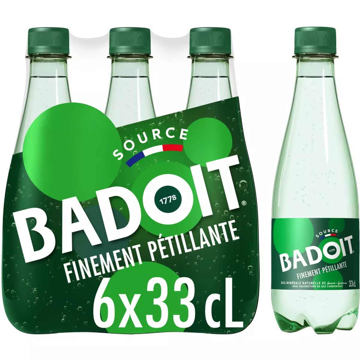 BADOIT Eau gazeuse minérale verte finement pétillante bouteilles 6x33cl 6x33cl