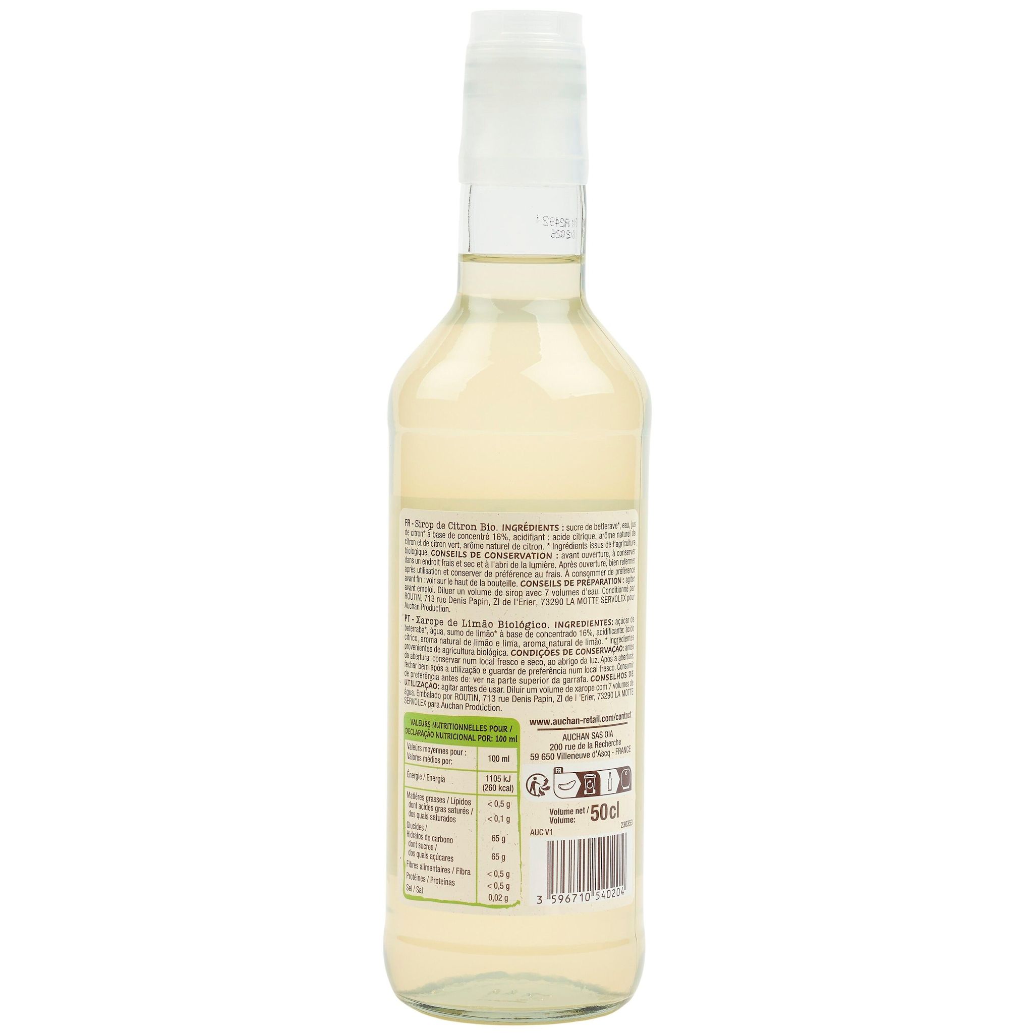 Voir la diapositive 2 : AUCHAN BIO Sirop de citron bio bouteille verre 50cl