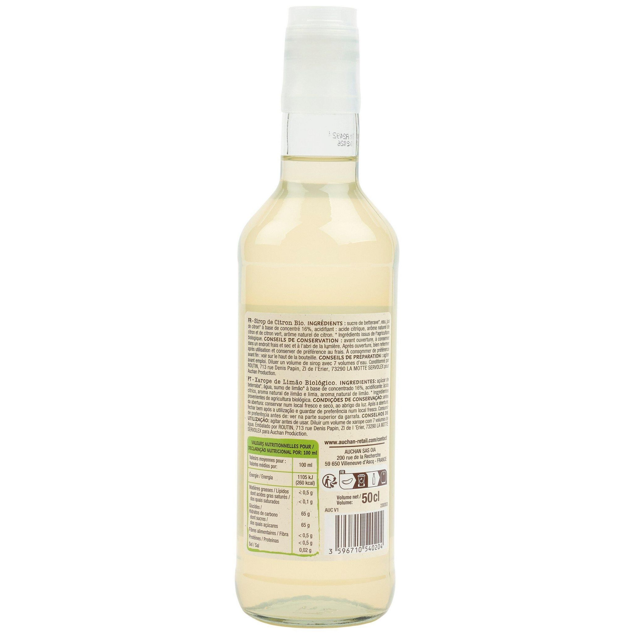 Voir la diapositive 3 : AUCHAN BIO Sirop de citron bio bouteille verre 50cl